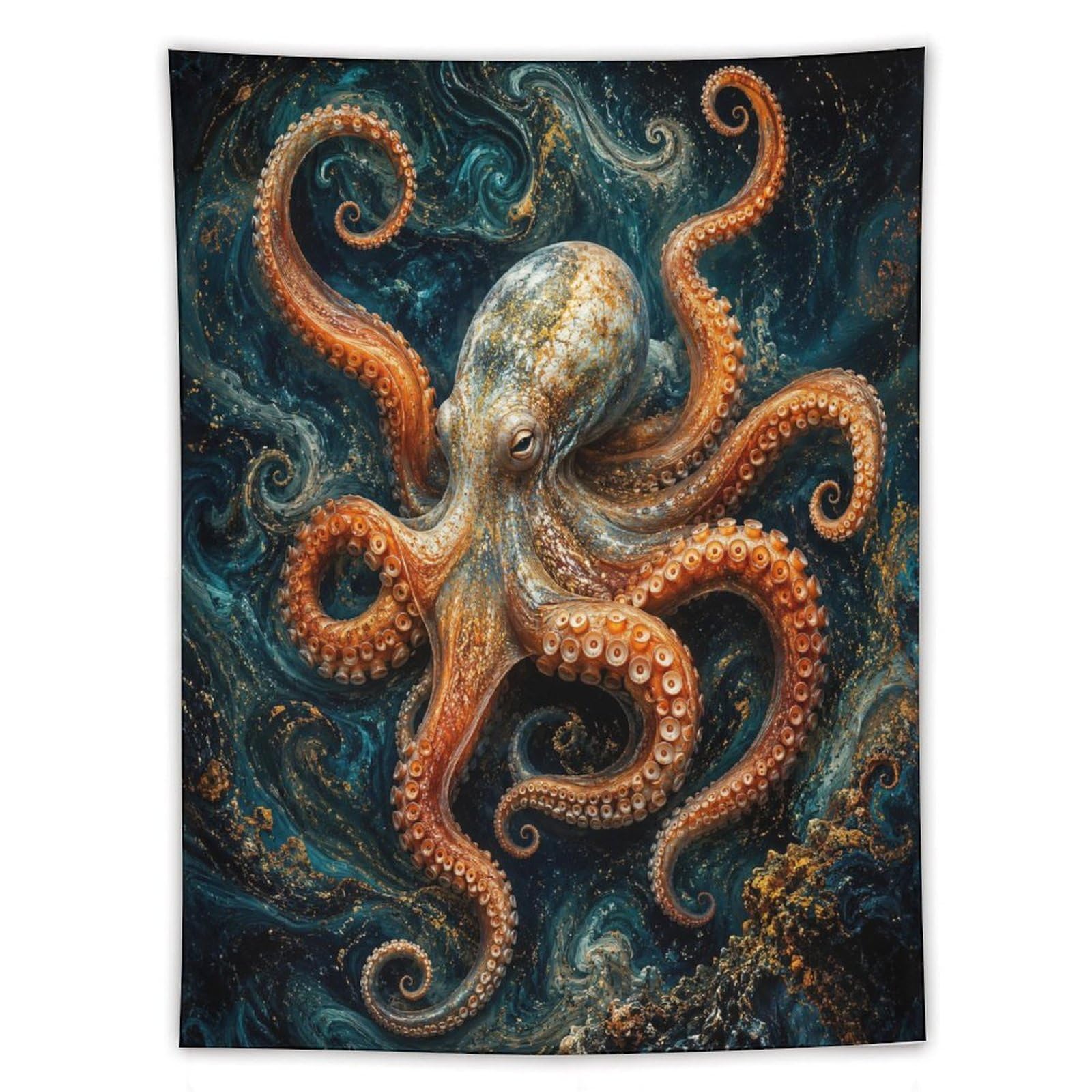 H3B8U2Y5 Dark Ocean Octopus Wall Tapestry, Detailed Illustration Style