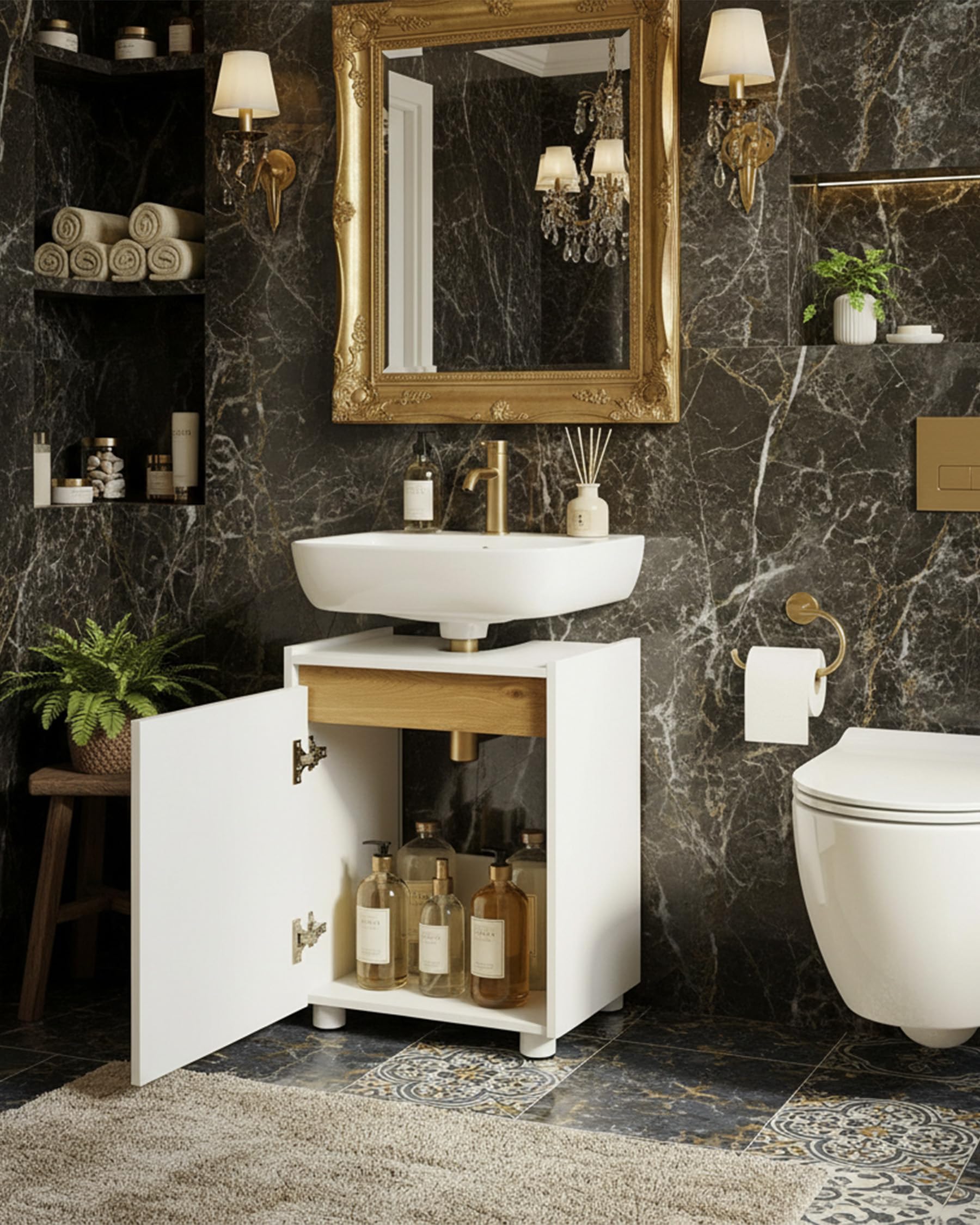 Mueble bajo lavabo blanco para cuarto de baño, lavabo con decoración de madera de roble, 42 x 33 x 54,5 cm, armario bajo lavabo estrecho con estante ajustable, sin mango