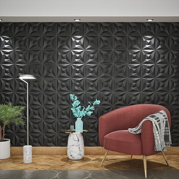 Black PVC 3D Wall Panels, 33 Pack 11.8''x11.8''Geometric Design for Modern Home Decor Upgrade, Textured Tile Decorative & Paintable for Living Room Lobby Bedroom Hotel Office