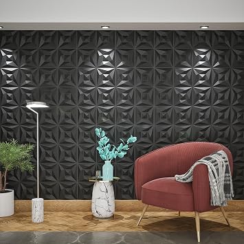 Black PVC 3D Wall Panels, 33 Pack 11.8''x11.8''Geometric Design for Modern Home Decor Upgrade, Textured Tile Decorative & Paintable for Living Room Lobby Bedroom Hotel Office