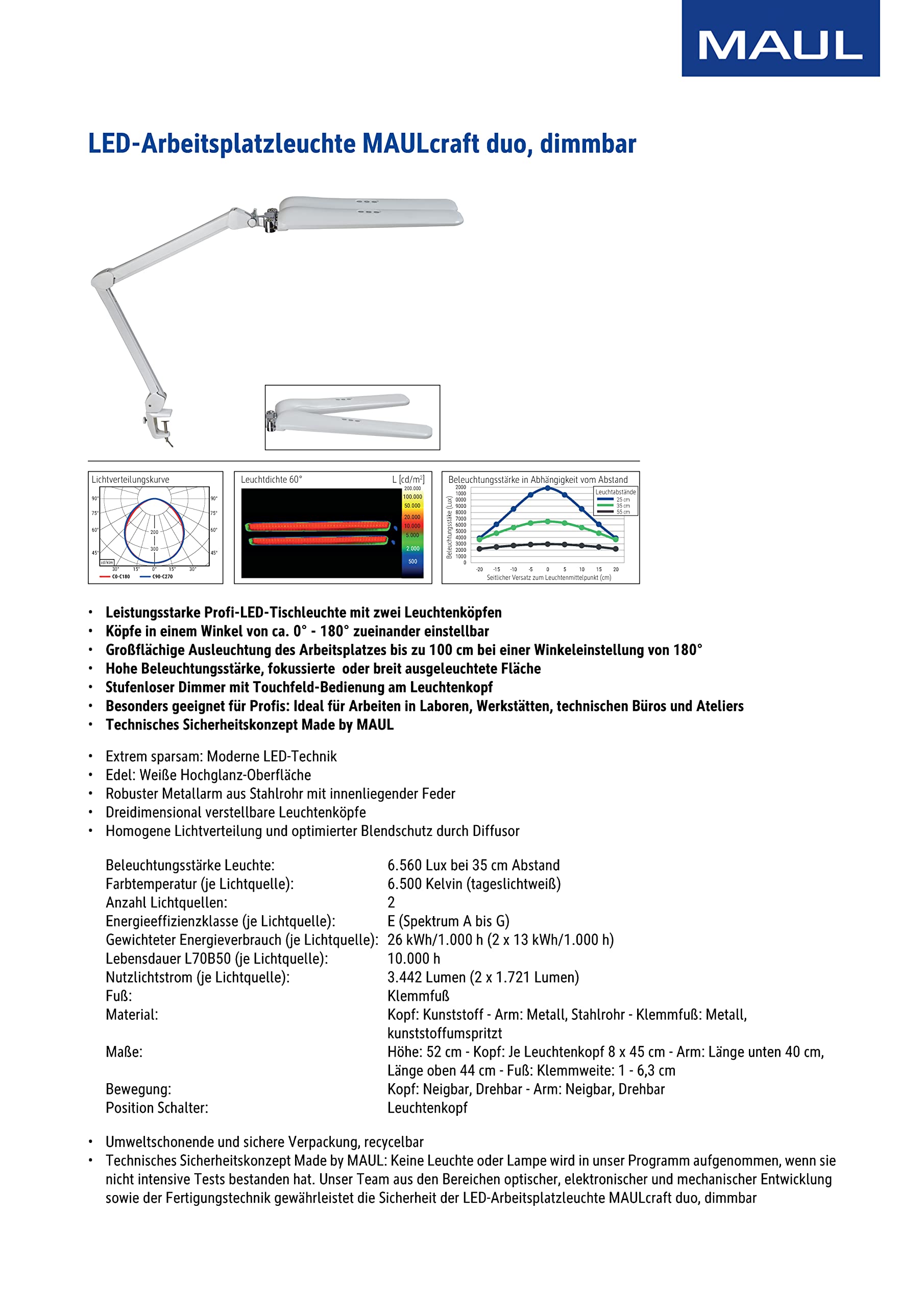 MAUL Lampa biurkowa LED MAULcraft duo biała z zaciskiem i ściemnianiem | szeroki obszar światła, mniej cieni na blacie, wygodne ustawienie kąta, mocny zacisk oszczędza miejsce