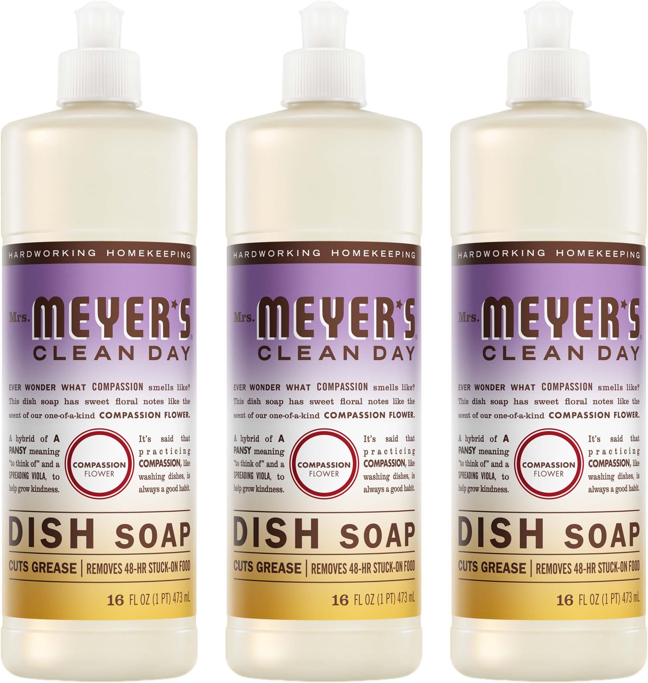 CLEAN DAY Liquid Dish Soap, Compassion Flower Scent, 16 Fl Oz Bottle - 3 Pack