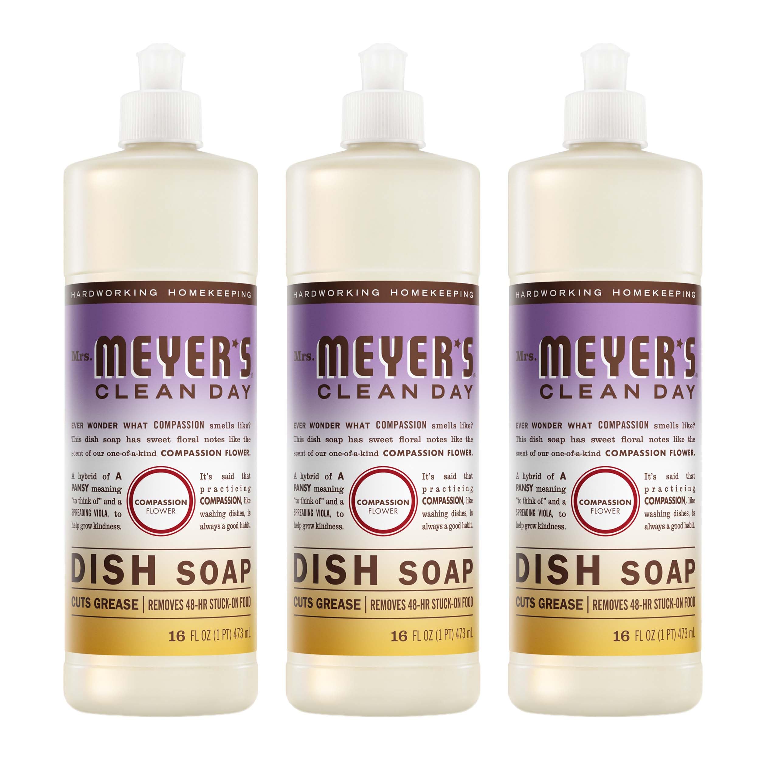 MRS. MEYER'S CLEAN DAY Liquid Dish Soap, Compassion Flower, 16 fl. oz - Pack of 3
