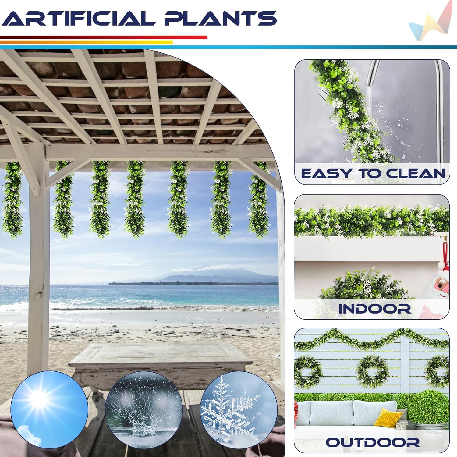 Windscreen4less 7 PCS Fake Vines Artificial Hanging Plants Garland Faux Greenery Decoration Wedding for Home Garden Office Party Indoor Outdoor Wall, White Flowers