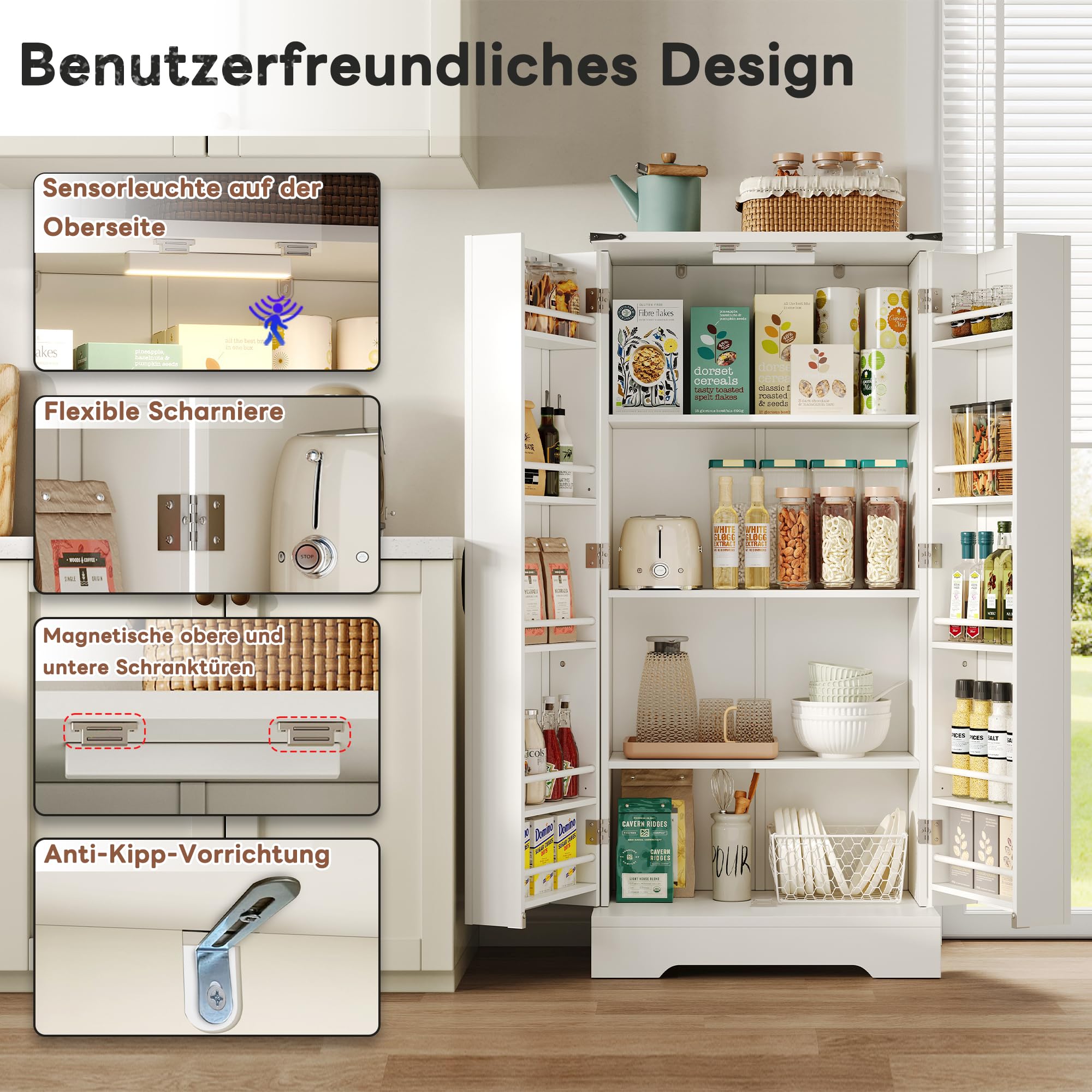 Merax Küchenschrank, Vorratsschrank mit Doppeltür, Aufbewahrungsschrank mit verstellbaren Einlegeböden, Speiseschrank mit LED Beleuchtung, Mehrzweckschrank Holz, Weiß, 60x35x128,5cm