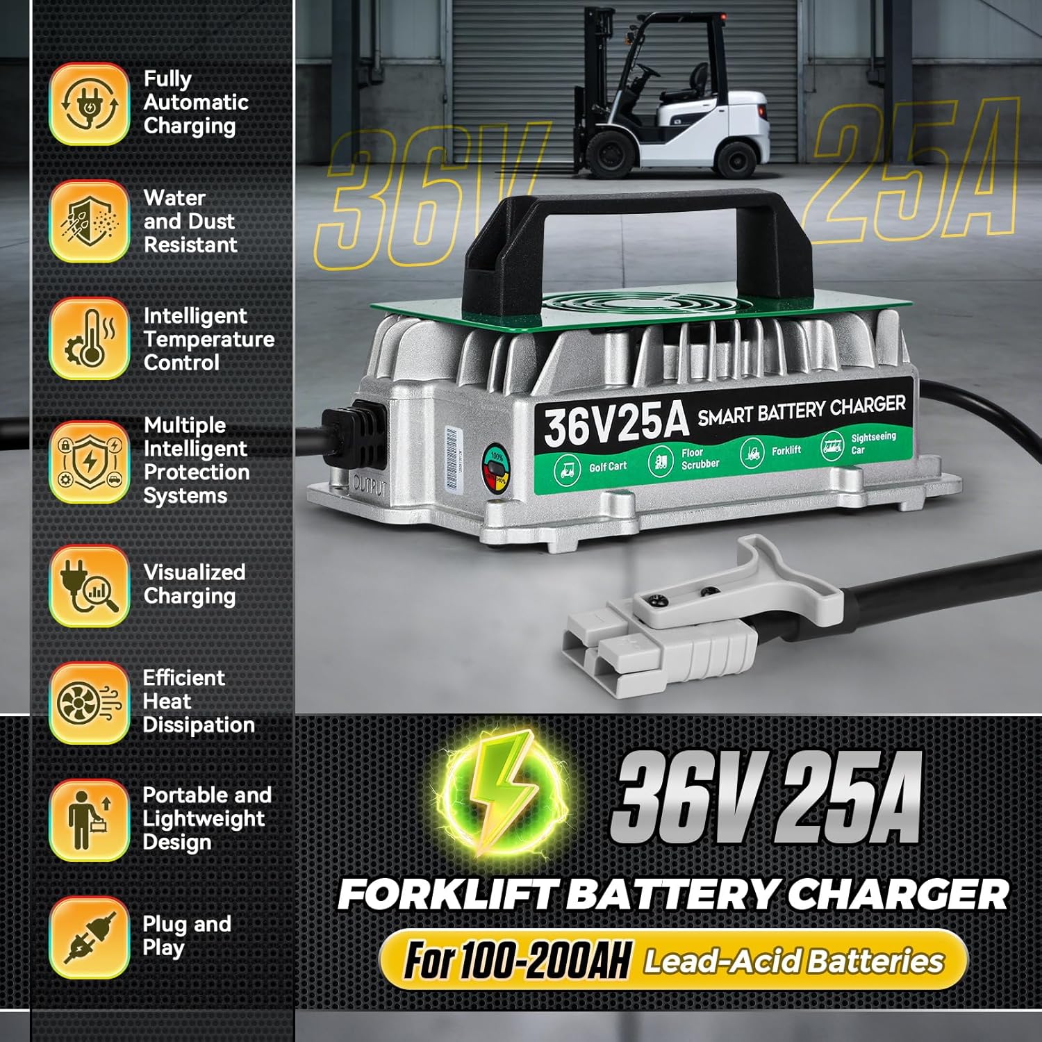 36V Forklift Battery Charger with 8 Protections 1250W 25AMP 36V Forklift Charger IP67 Waterproof Fully Automatic Smart Fasting Charging with 16ft Cable,for Floor Washers, Sightseeing Cars, Golf Carts