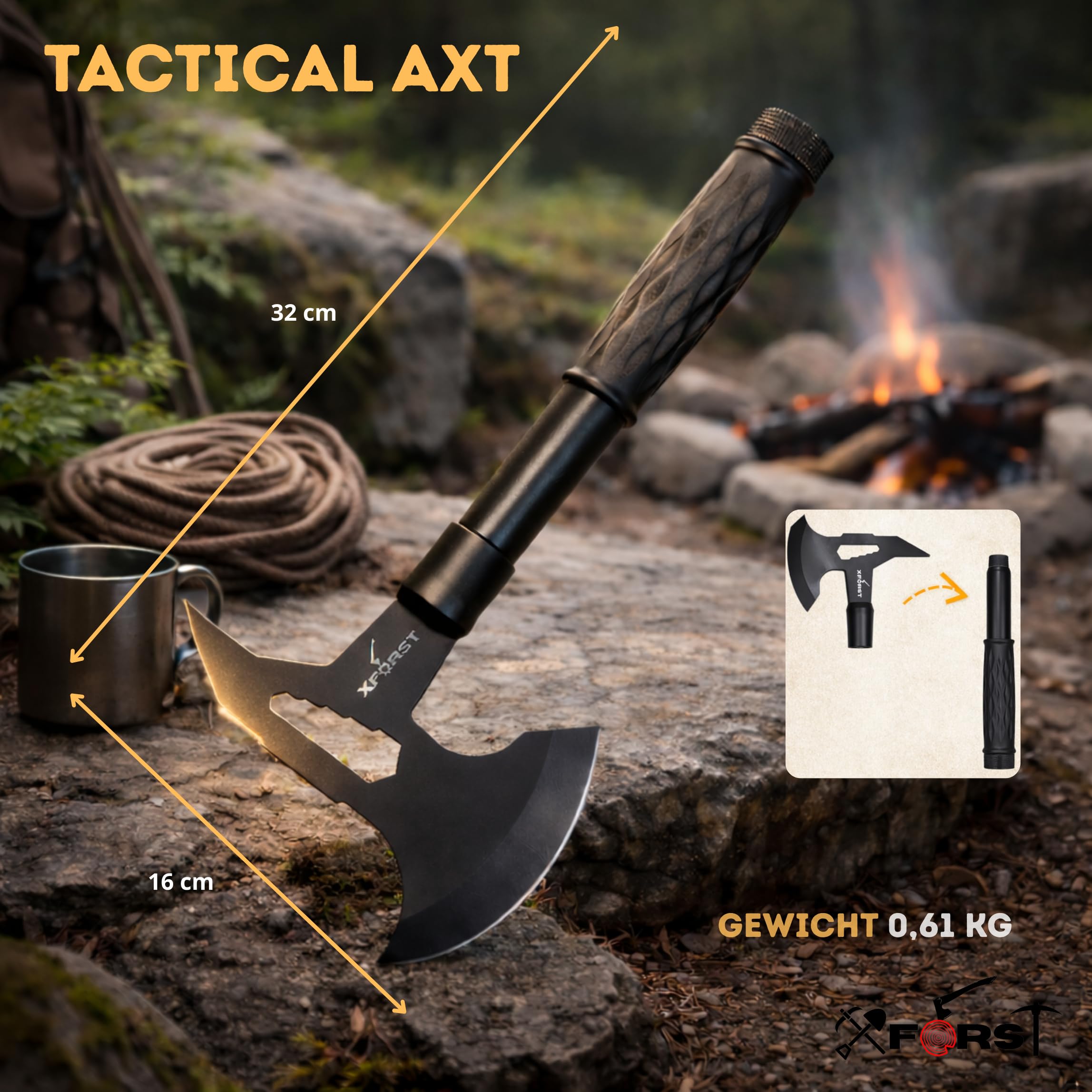 Xforst Hacha de Supervivencia Compacta para Camping, Bushcraft y Exterior, Hoja de Acero al Carbono, Mango Antideslizante con Compartimento, Funda Protectora Incluida, 32 cm y 615 g, X-TM1