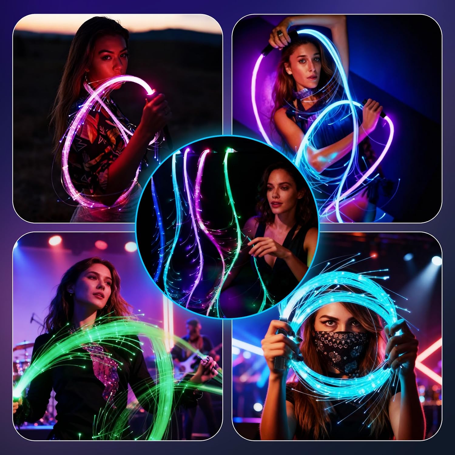 BestYiJo LED Fiber Optic Whip Lights 6FT- USB Rechargeable Glow Dance Whip with 7 Colors & 2 Modes, for Live Streaming, Raves, Music Festivals, Stage Shows, Carnivals