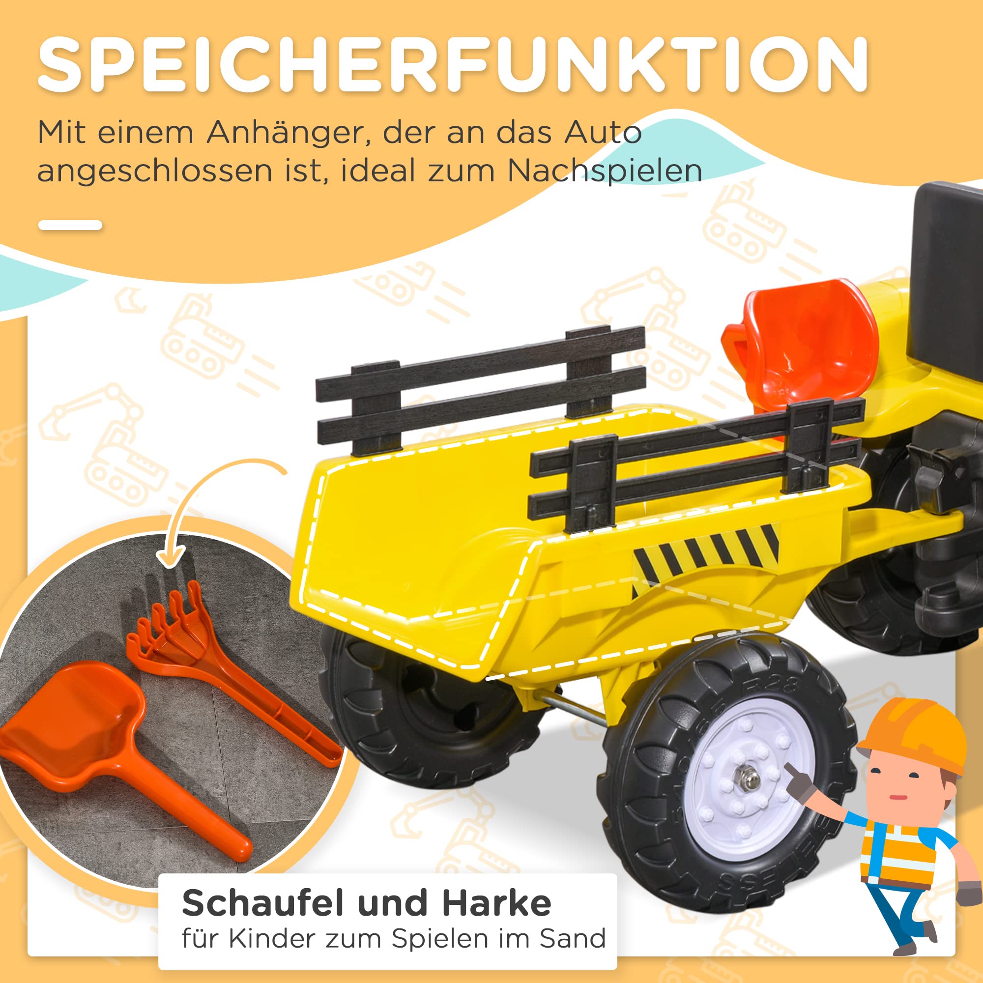 HOMCOM Trettraktor mit Anhänger Tretauto ab 3 Jahre 133 x 42 x 51 cm Gelb | Traktor mit Anhänger, Spielzeug Kinder