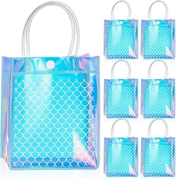 Ribbonlic 24 Pcs Mermaid Clear Gift Bags, Mermaids Party Favor Bags Mermaid PVC Gift Candy Treat Bag for Themed Birthday Party Supplies Favors