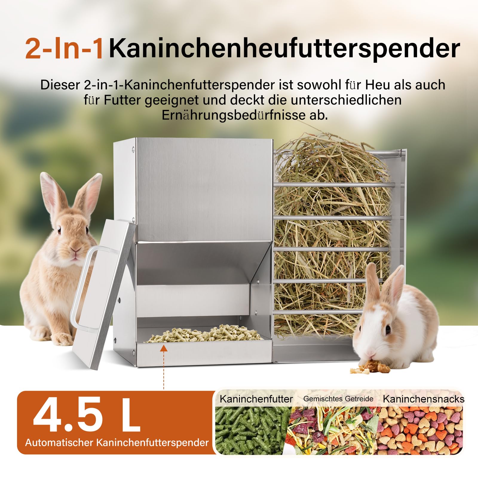 2 in 1 Automatischer Kaninchenfütterer für Käfig Kaninchen Heufutterautomat für draußen Mental Kaninchenfutterspender für Kaninchen Meerschweinchen Hamster Kleintier Futterautomaten