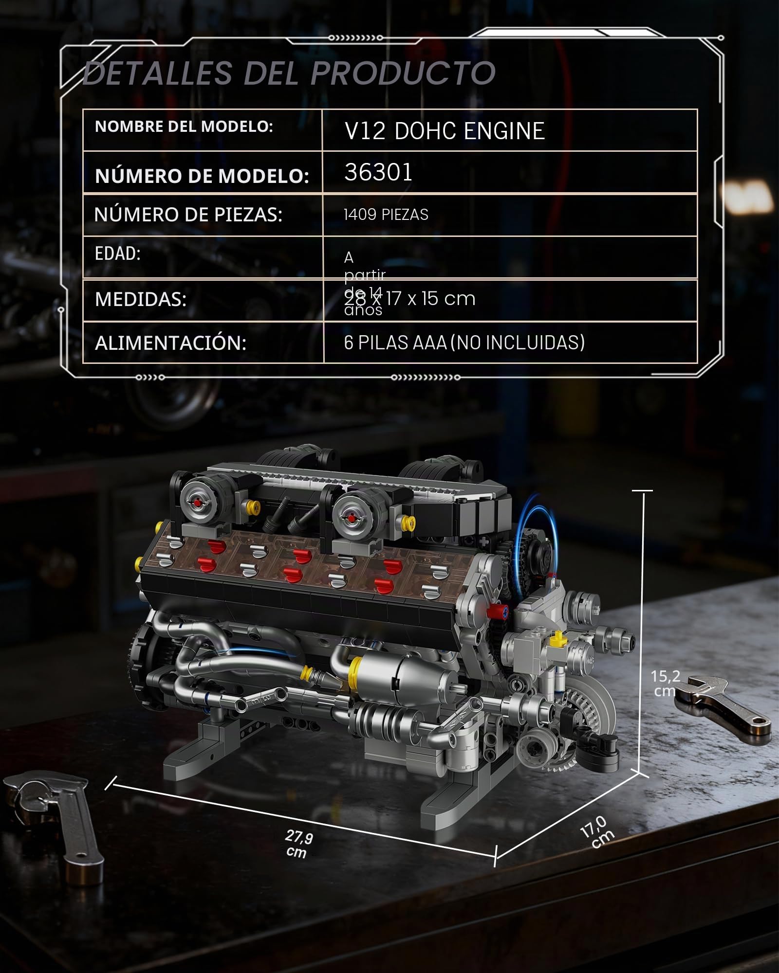 Set de Construcción de Motor V12 Power Functions para Adultos y Jóvenes 14+, 1409 Piezas Modelo de Ingeniería Mecánica Motorizado Que Funciona, Motor Moc con Caja de Batería y Motor