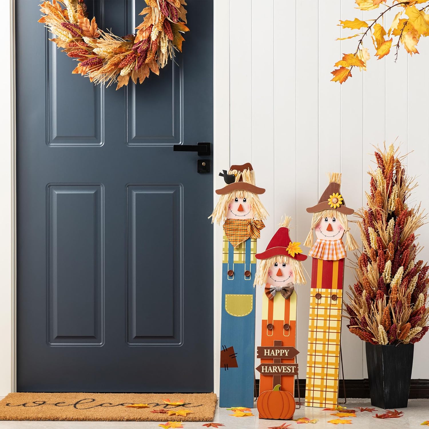 Glitzhome Wooden Fall Scarecrow Family Porch Decor Set of 3, Handcrafted Solid Wood Display Signs for Front Door 36"H, Two Function Yard Sign with Ropes for Hanging or Standing, Autumn Outdoor Décor