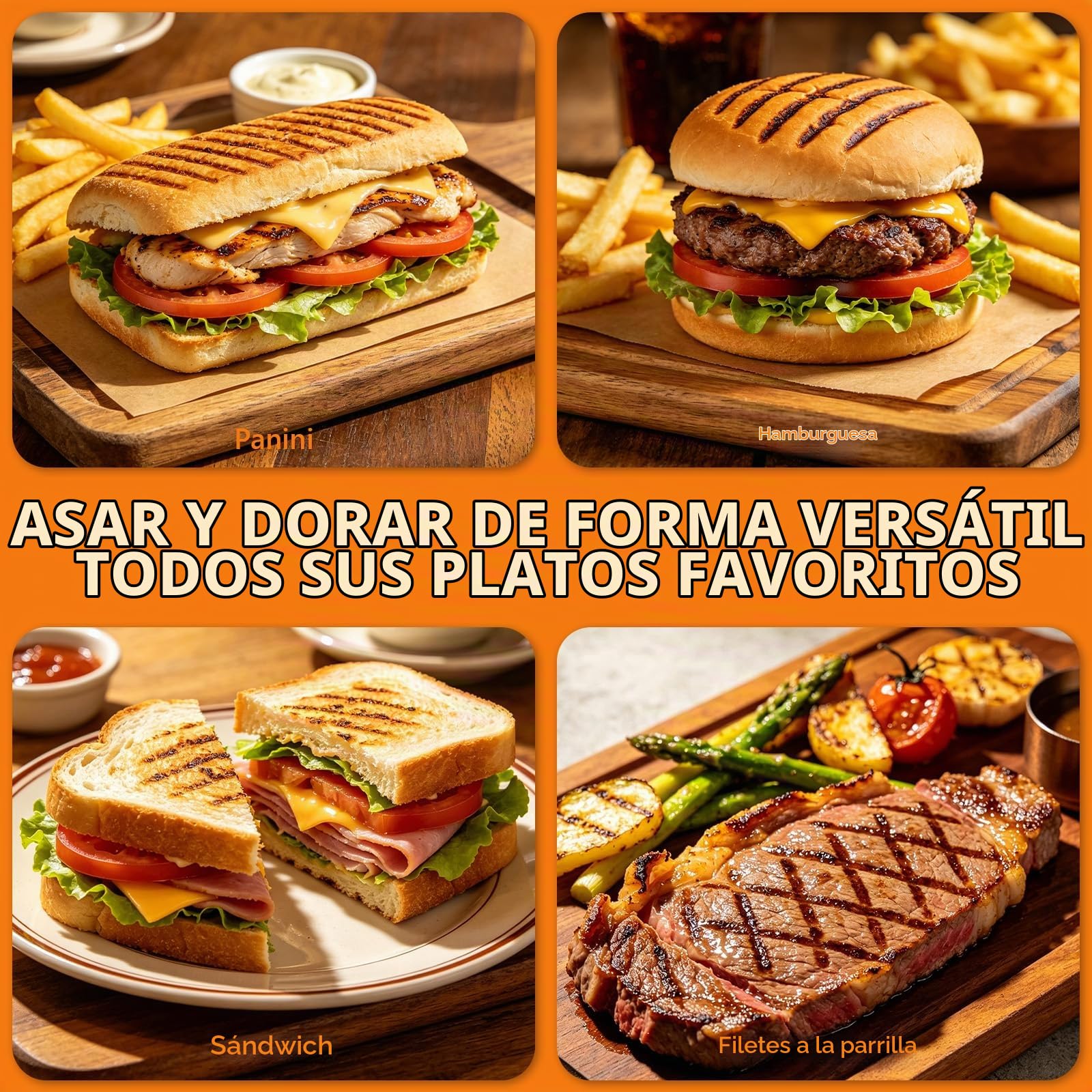 Parrilla Eléctrica, Grill, Sandwichera y Panini 2000W, Regulador de temperatura, apertura 180º, antiadherente, placa superior flotante, Cajetín Recogegrasa, 28 x 25 cm