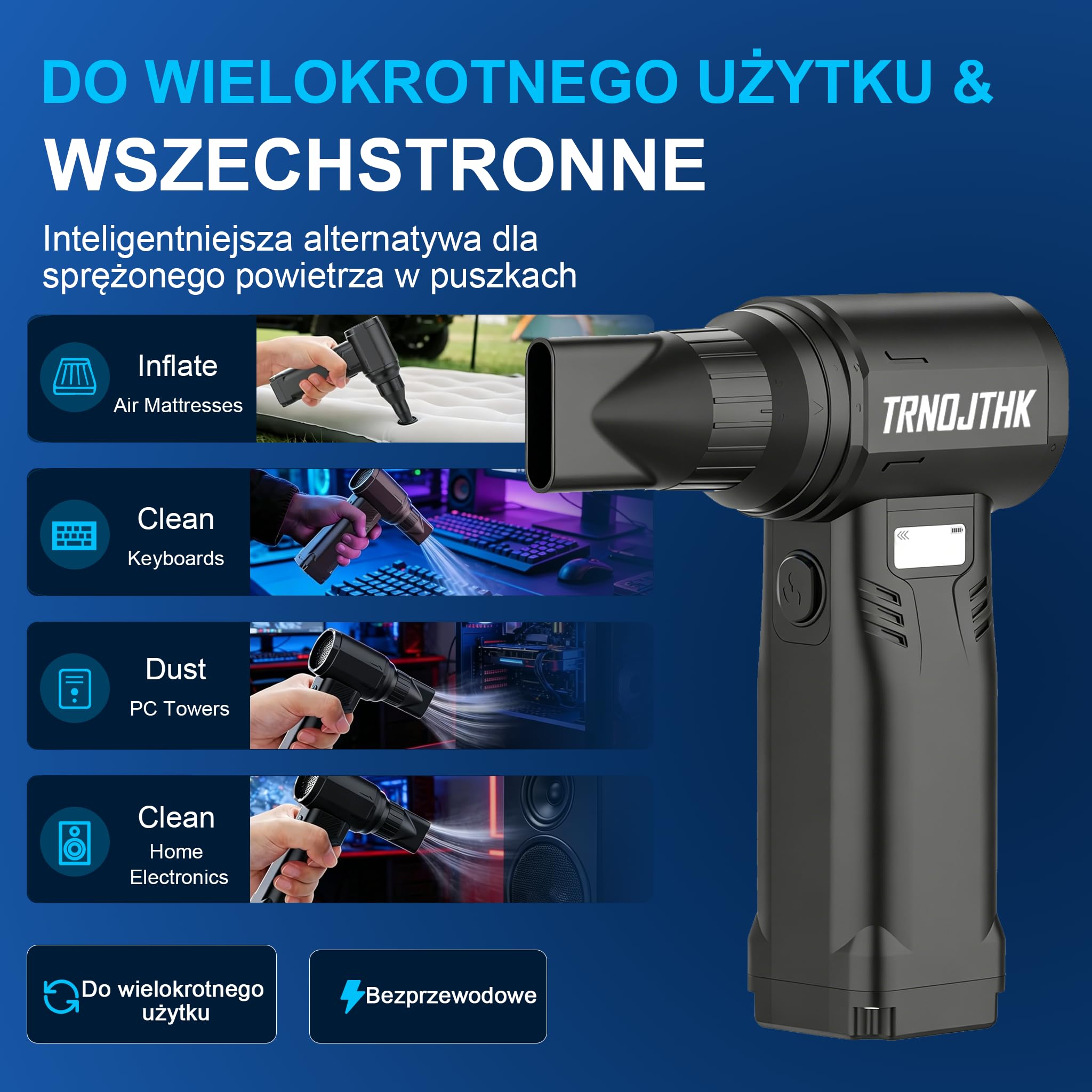 Elektryczna dmuchawa powietrzna, 150 000 obr./min,4 dysze, do czyszczenia komputera, klawiatury, samochodu i domu, 10-biegowa regulowana