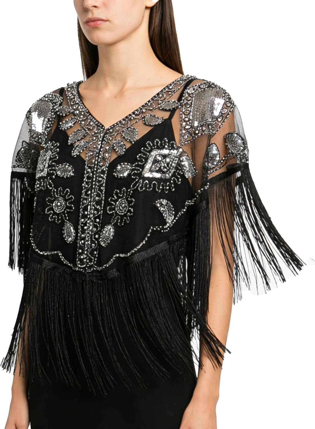 Shawls And Wraps For Evening Dresses, Women'S Sequin Beaded Fringe Cape, 1920S Flapper Cover Up image 2