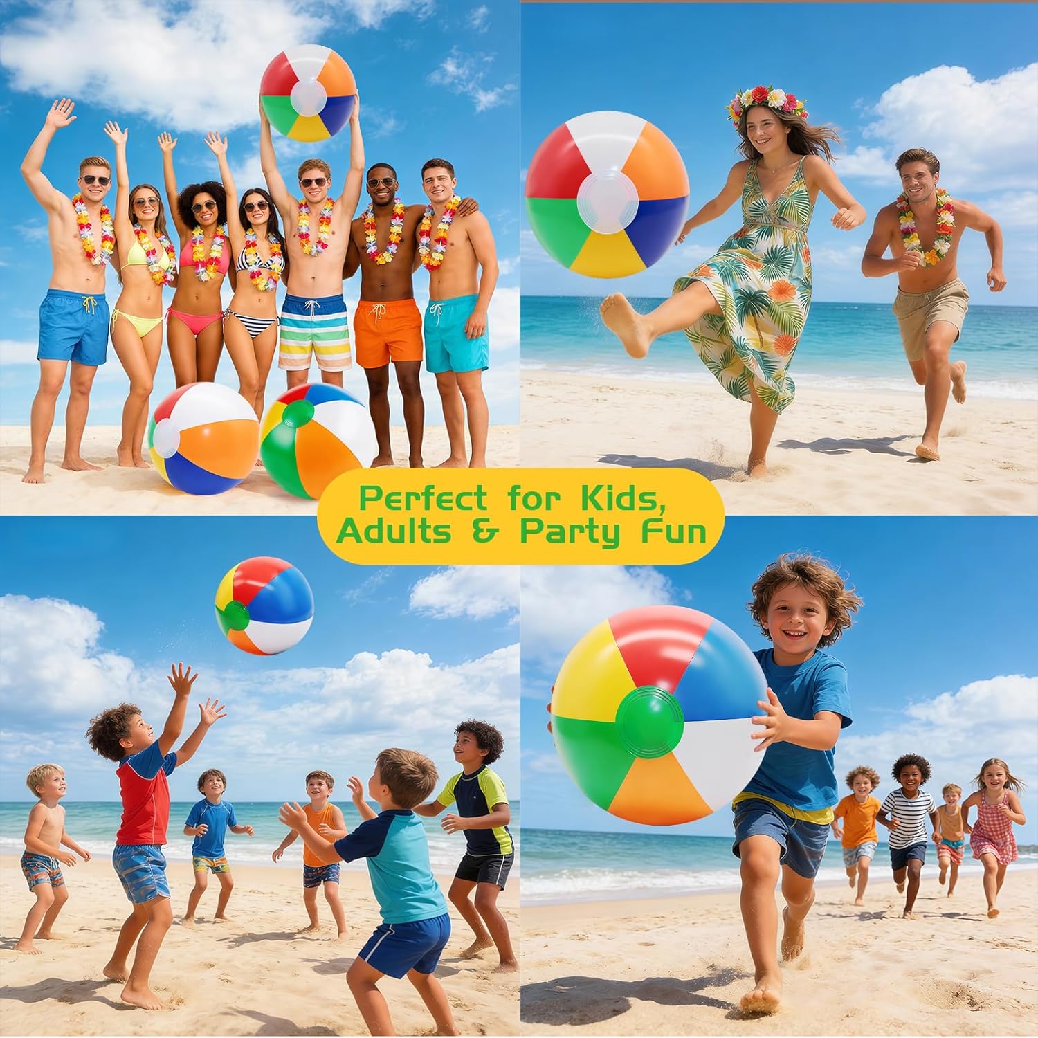 16 Pack Assorted Inflatable Beach Balls (8", 14", 16", 24"), Rainbow Beach Balls Colorful Blow Up Sport Balls for Swimming Pool, Beach, Summer Party Decor & Outdoor Activity
