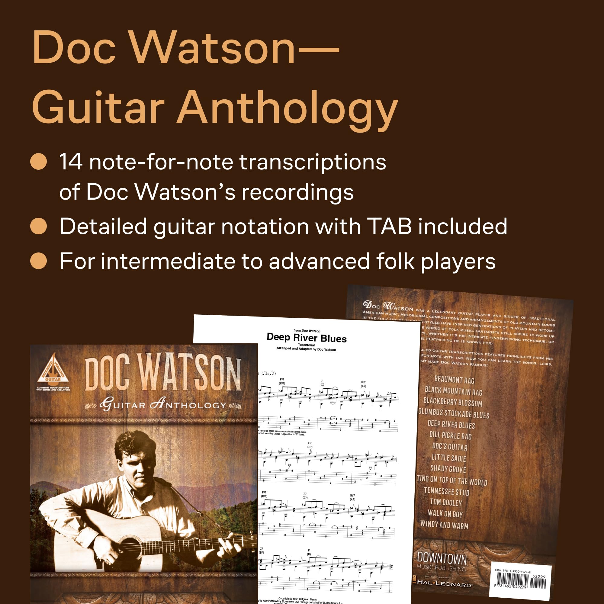Doc Watson: Guitar Anthology - Recueil de partitions pour guitare avec tablatures | 14 transcriptions note à note en notation standard et TAB | Bluegrass, folk, fingerstyle et flatpicking