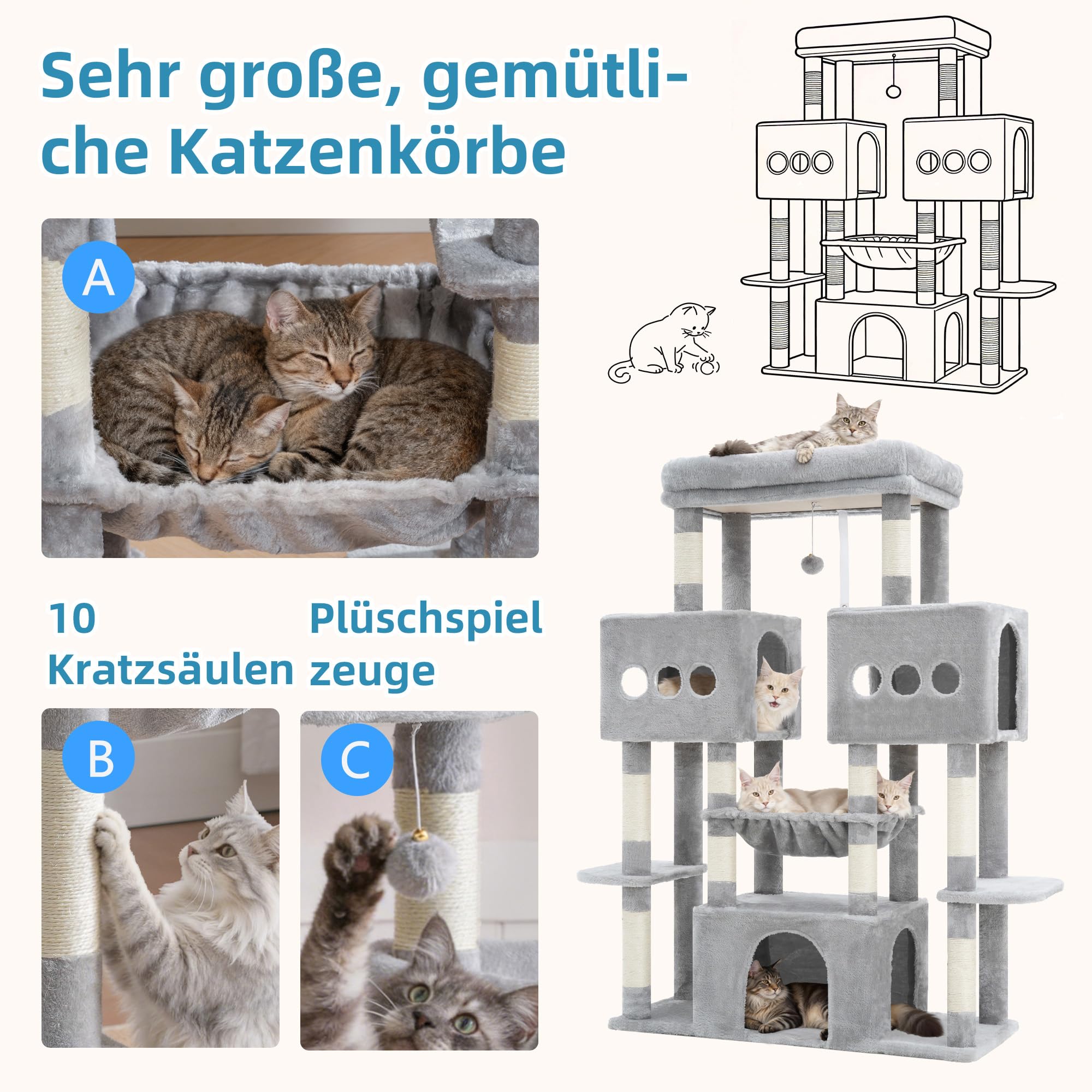 Hey-brother Arbre à Chat, Tour de Jeux Multiniveaux 144cm pour Maine Coon, avec 3 Grandes grottes, Plateformes spacieuses, Niche Confortable et Balle Peluche Suspendue, Gris Clair MPJ083W