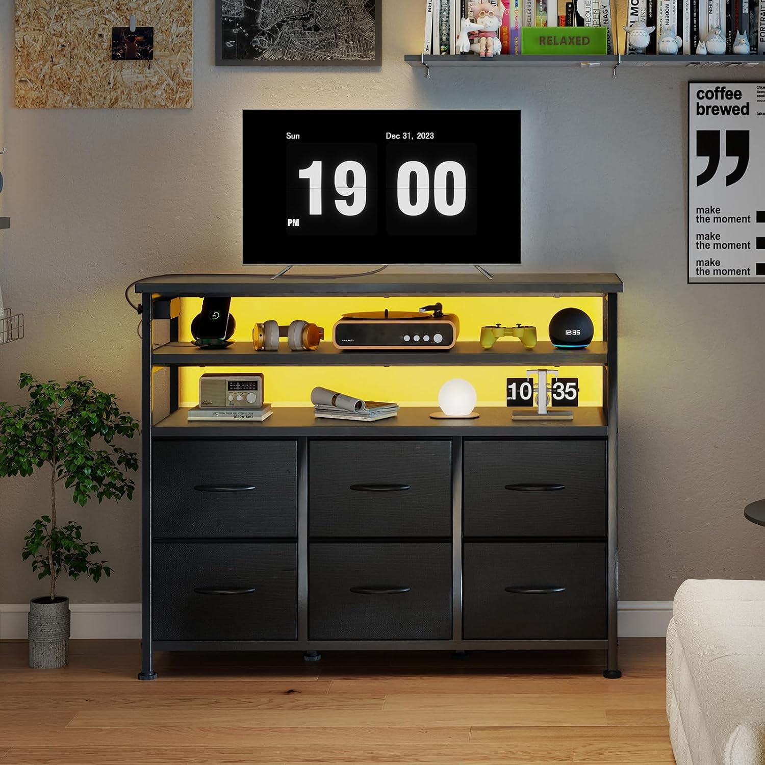 DUMOS TV Stand for Up to 45 inch TV, Wood Top TV Media Console Table with 6 Fabric Drawers, 2 Shelves, Entertainment Center with LED Lights & Charging Station for Living Room, Hallway, Black