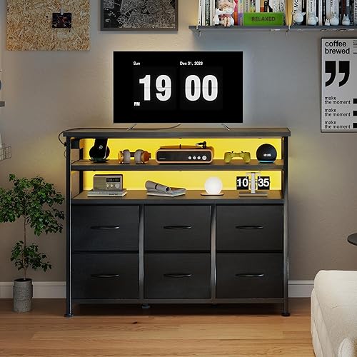 Miniatura 2 de DUMOS Soporte de TV para TV de hasta 45 pulgadas, mesa consola multimedia de TV con parte superior de madera con 6 cajones de tela, 2 estantes,