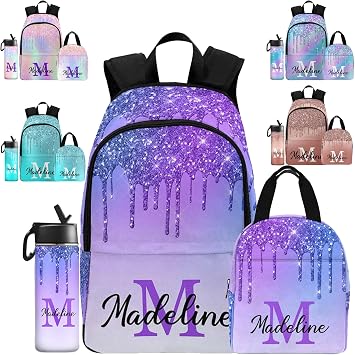 MyPupSocks Custom School Backpack for Girls Boys, Personalized Glitter Initial Kids Casual Backpack Schoolbag Customized Girls Bookbag for Students Custom Multipurpose Lunch Bag for Picnic