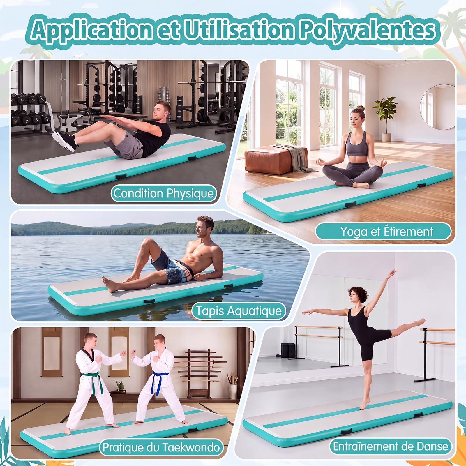 GYMAX Tapis de Gymnastique Gonflable 300 x 100 x 10 cm, Piste Gonflable de Tumbling, avec Pompe Pratique, Sac de Transport, Air Track pour Exercice, Entraînement, Fitness, Yoga, Danse