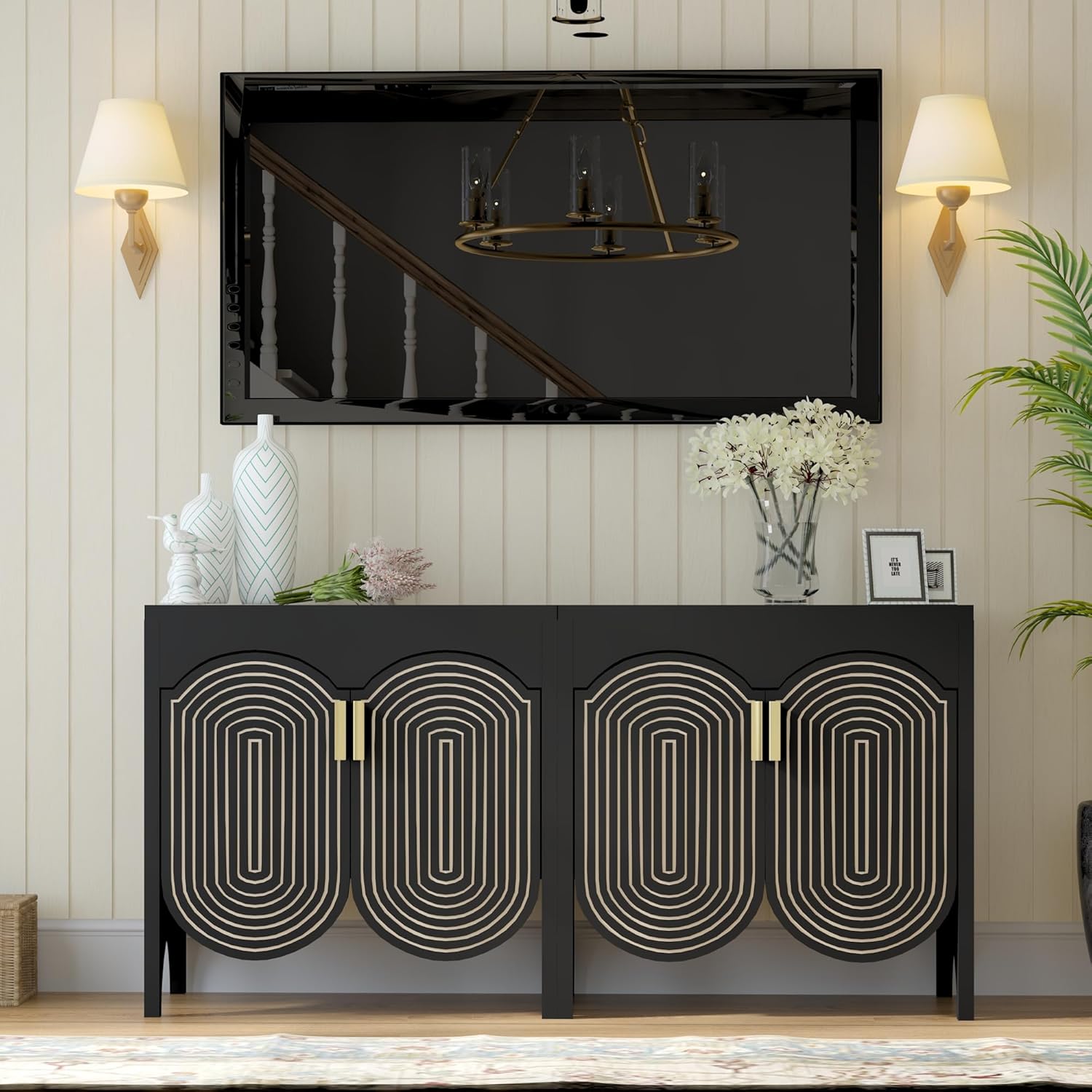 FurSch Fluted Sideboard Cabinet with Storage,Buffet Cabinet with Adjustable Shelves,Accent Storage Cabinets with Carved Arc Door Kitchen Dining Living Room (Black, 4 Doors)