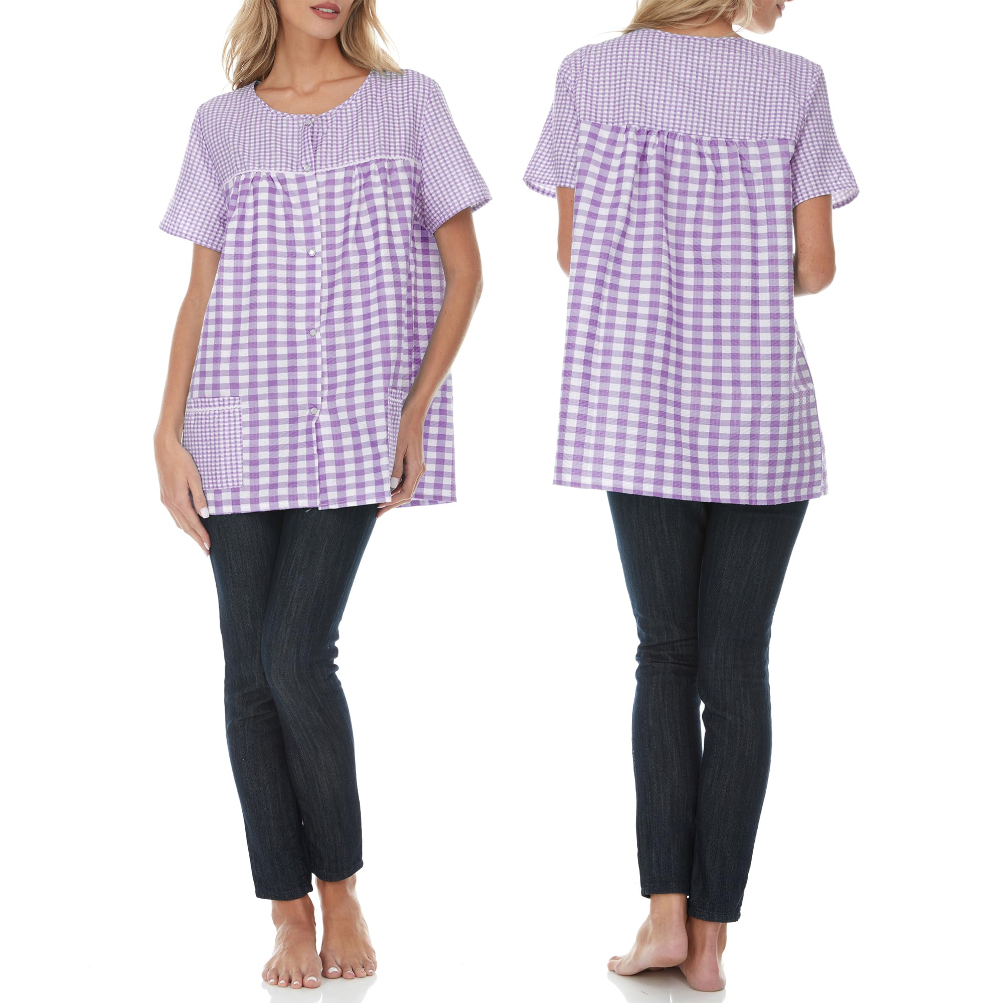 Ezi Women's Snap Front Short Sleeve Gingham Shift Seersucker Housecoat Apron Shirt