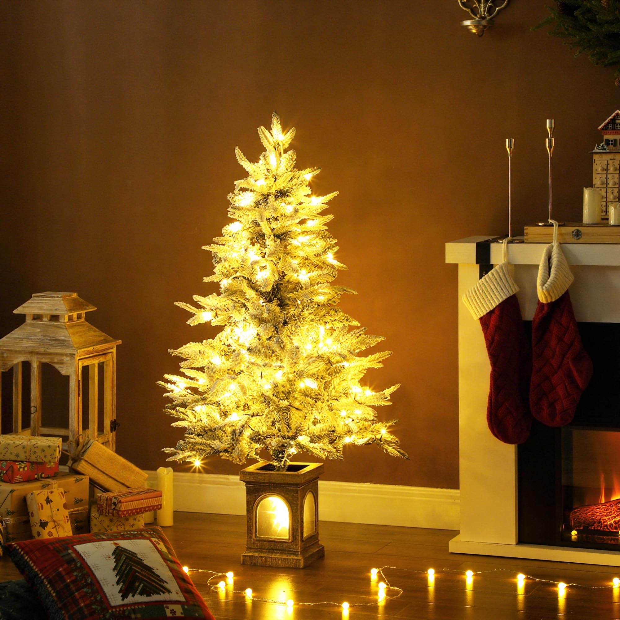 HOMCOM Weihnachtsbaum Künstlich 120 cm mit Schnee LED Leuchte Grün+Weiß