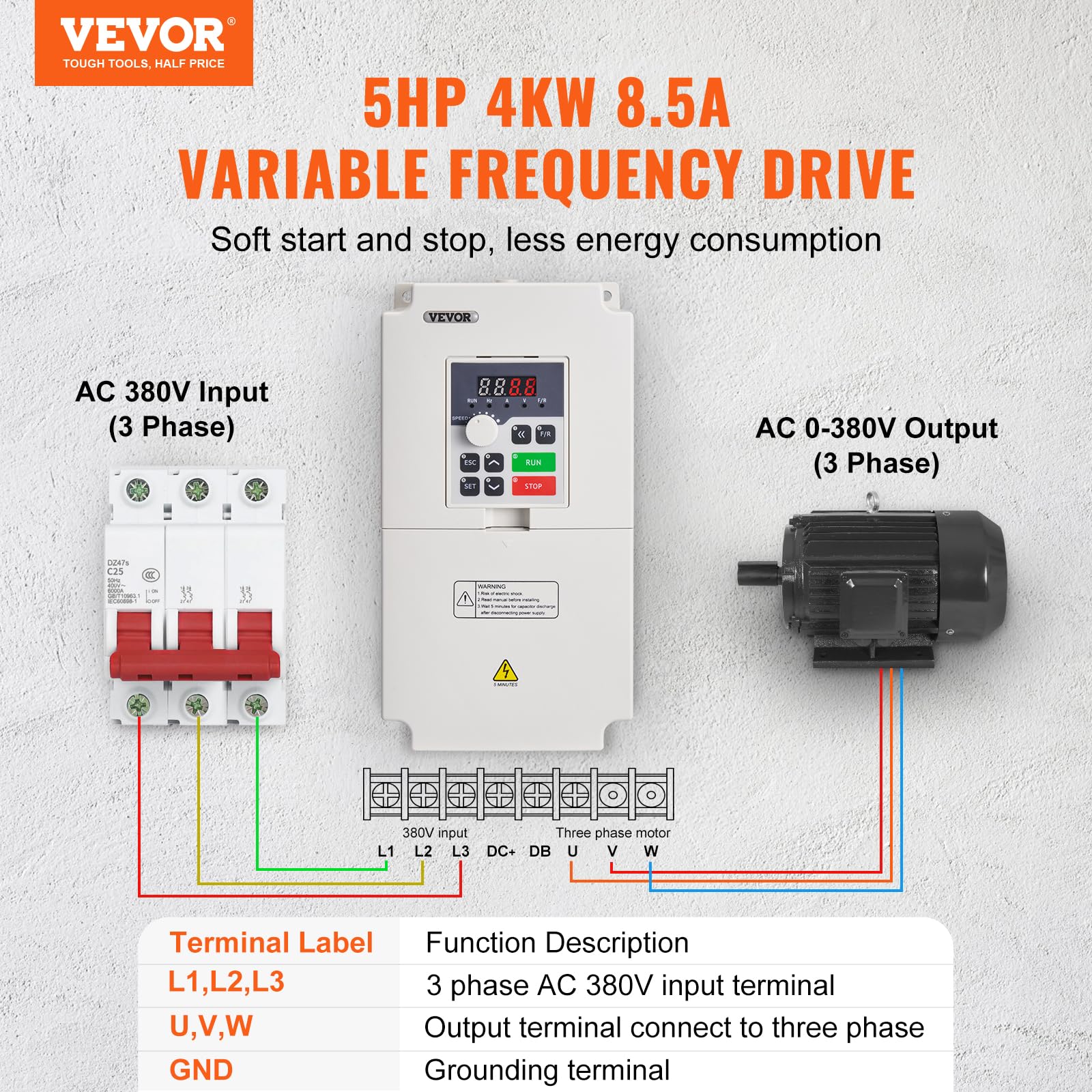 VEVOR Napęd o zmiennej częstotliwości VFD 5HP 4KW 8,5A Wejście trójfazowe AC 380V Wyjście AC 0-380 V, wejście 50/60 Hz, wyjście 0-2000 Hz VFD do sterowania prędkością silnika wrzeciona