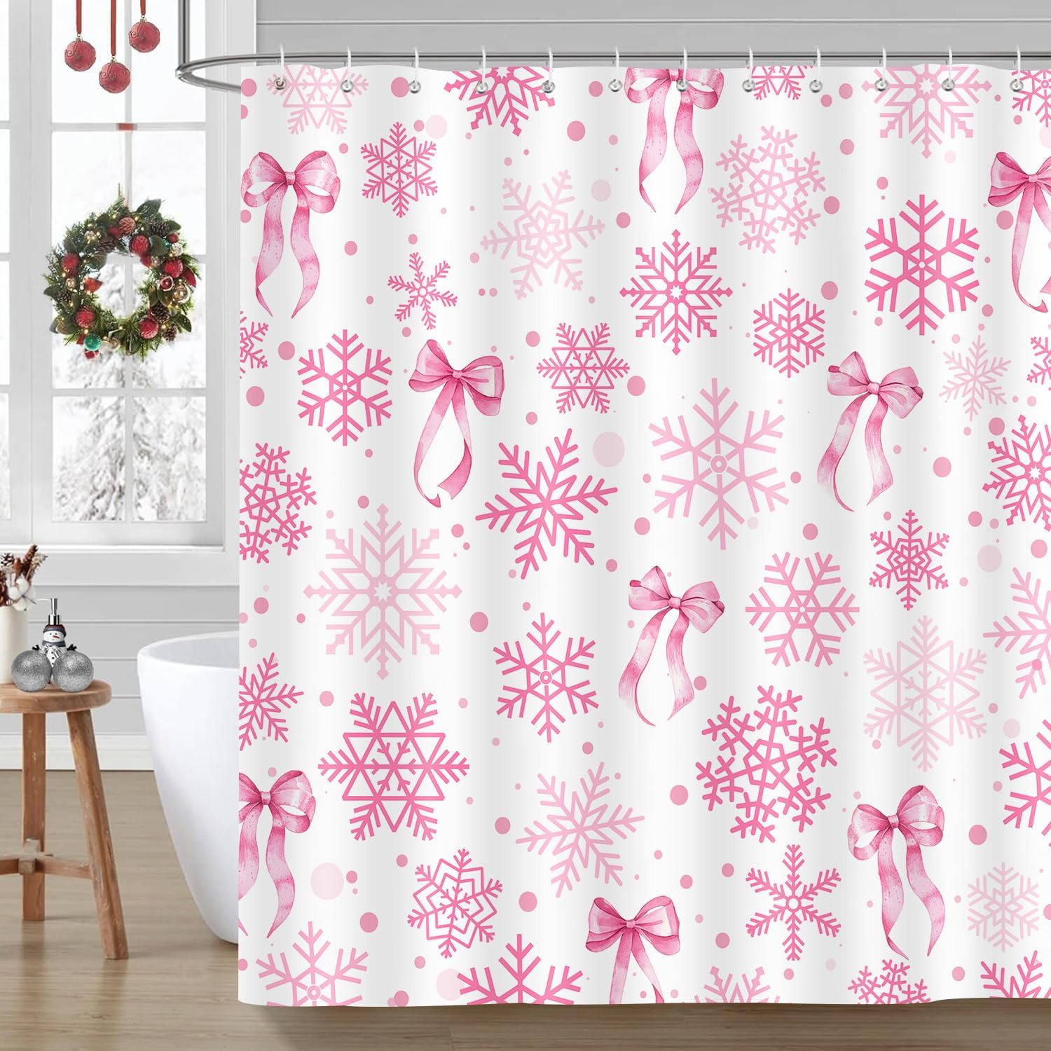 Snowflake Bow Shower Curtain, Cute Christmas Pink Christmas Winter Bowknots Dreamy Princess Bath Curtain, Girly Aesthetic Holiday Waterproof Shower Curtain Set with Hooks, 70X85IN