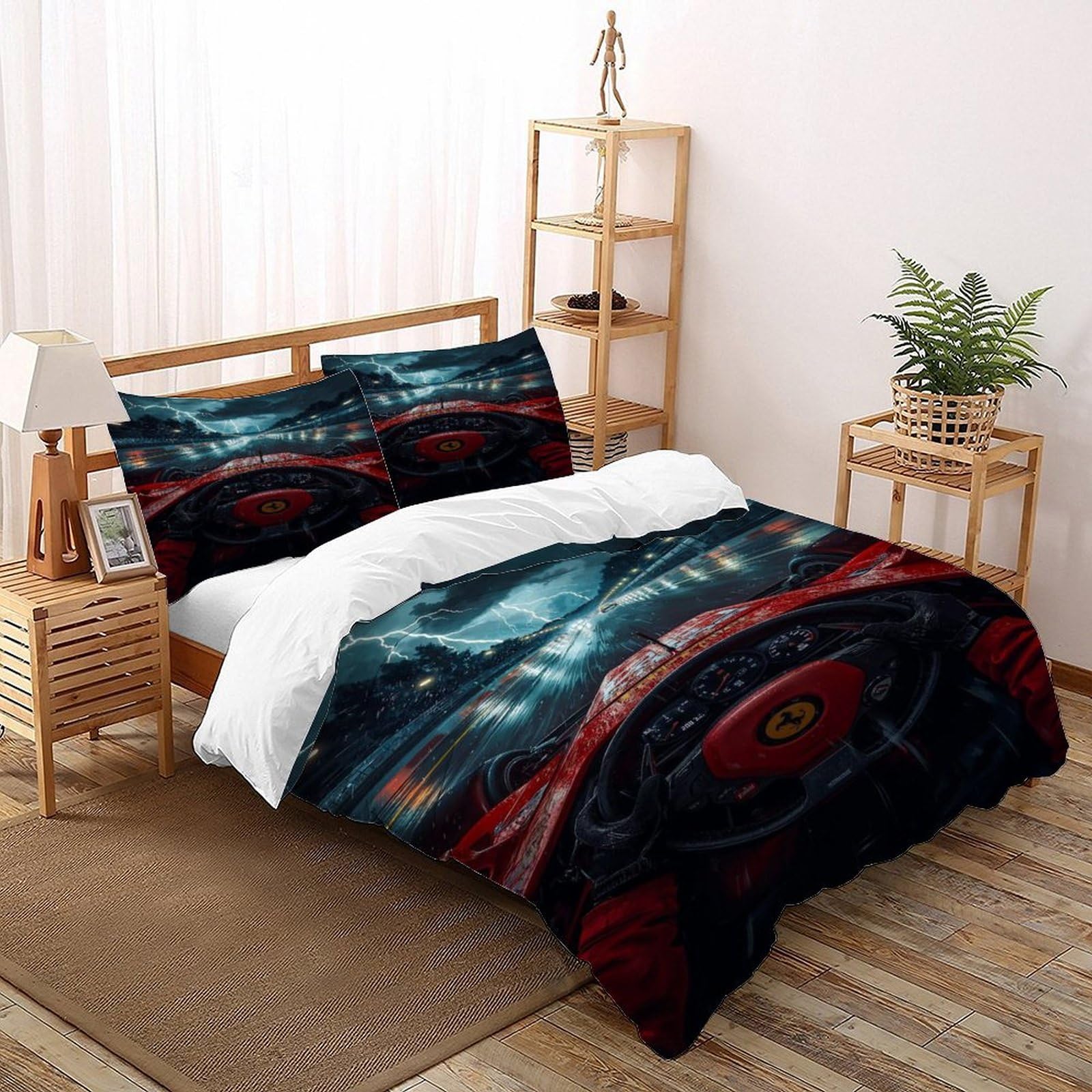 Housse de couette kids racing 200x200 parure de lit double avec 2 taies d'oreiller