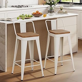 Bar Stools Set of 2 Metal Bar Stool Counter Height Bar Stools 26" White Modern Bar Chairs with Back and Wooden Seat Bar Stool Counter Height