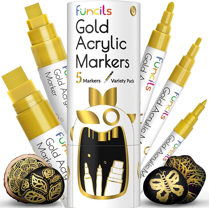 Funcils 5 Acrylic Gold Paint Pen Metallic Gold Marker Metallic Paint