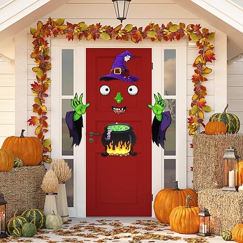 Miniatura 3 de GoosWexmzl Decoración de cara de monstruo de Halloween, decoración de arco de puerta de garaje, calcomanías con enorme sombrero de bruja, ojos,