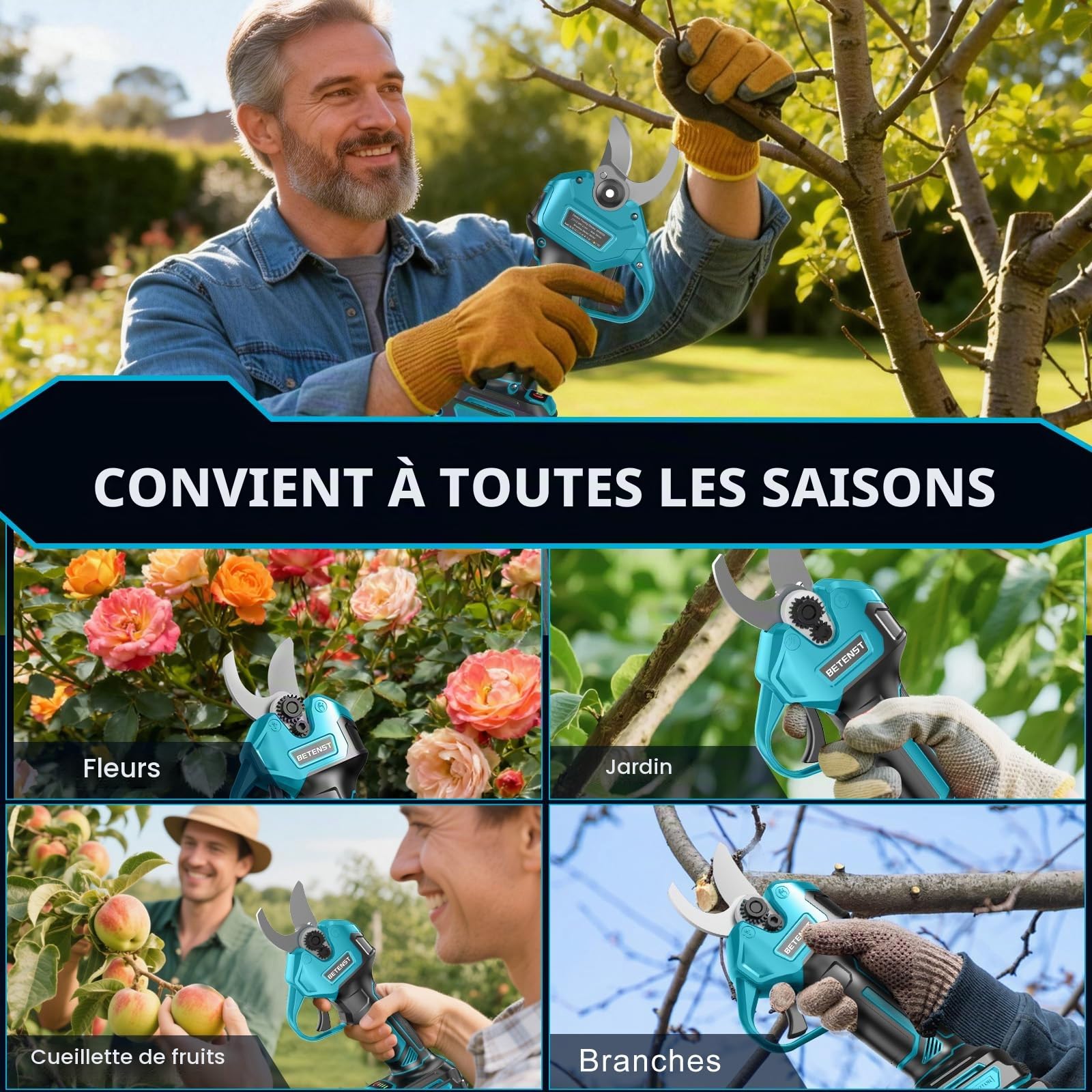 Sécateur Électrique Sans Fil Brushless, BETENST Secateur Electrique 21V avec 2 Batteries 2.0Ah, Lame SK5 Secateur à Batterie, Écran LCD, Pierre à Aiguiser Pour Jardinage, Fruitiers, Arbustes
