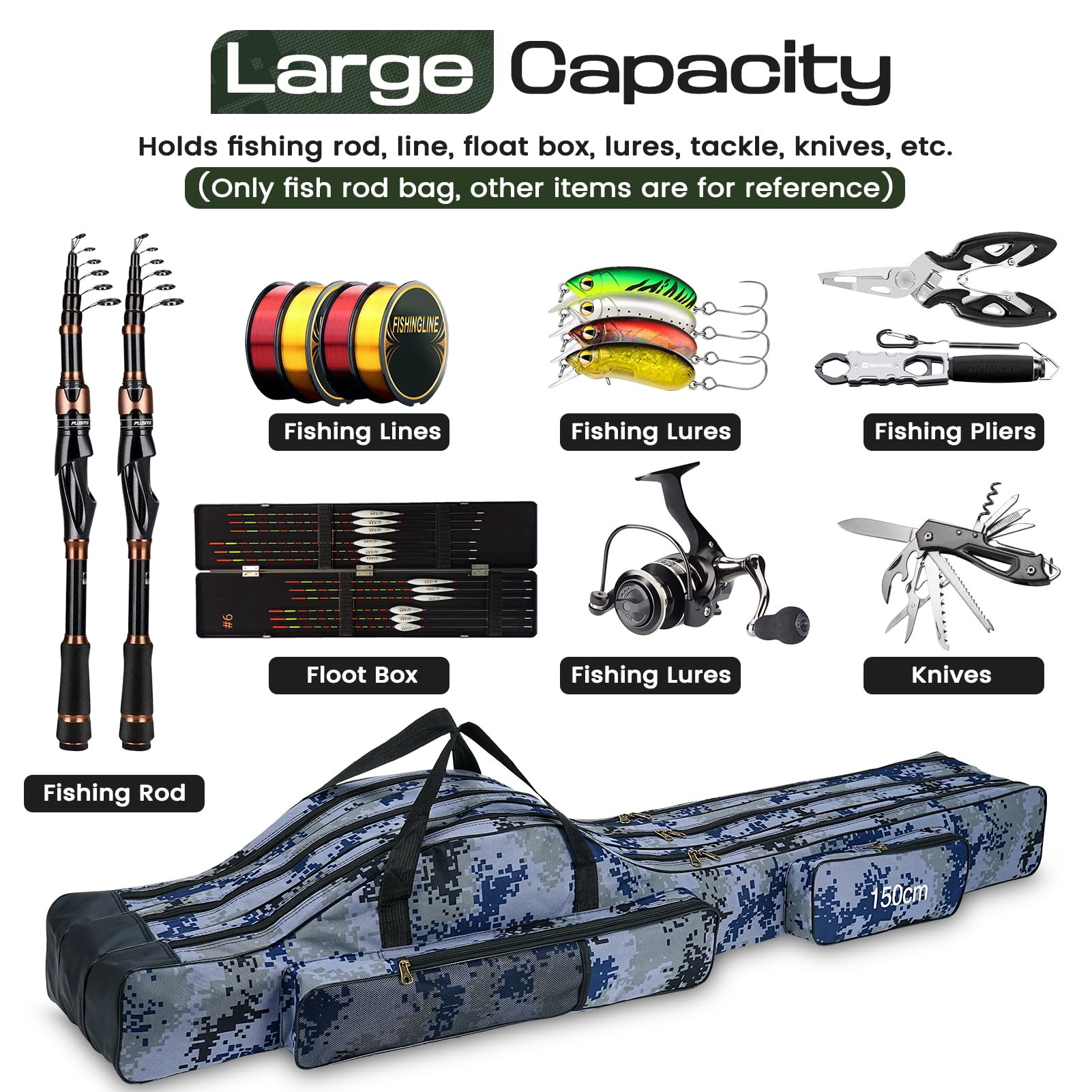 Borsa da Pesca Portatile, 150cm Pieghevole Sacca Canna e Attrezzi con 3 Strati Grande capacità Borsa da Pesca Portatile per Canna Impermeabile Custodia per Canna da Pesca - 4