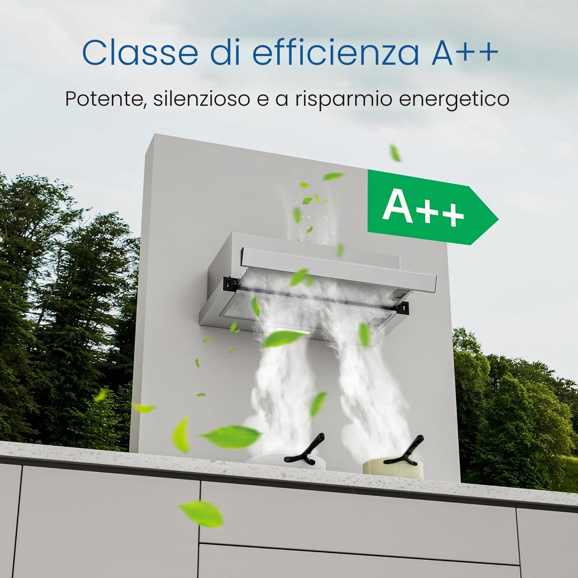 FIREGAS Cappa Aspirante Telescopica 60 cm, 400 m³/h, 2 Velocità, Classe Energetica A++, con motore senza spazzole, silenziosa, cappa da cucina con filtri a carbone attivo, acciaio inossidabile