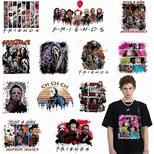12 Sheets Halloween Iron on Patches, DTF Transfers Ready to Press, Halloween Iron on Decals, Horror Movie Characters Sticker for T-Shirt Clothes Bag Pillow Covers DIY Decorations