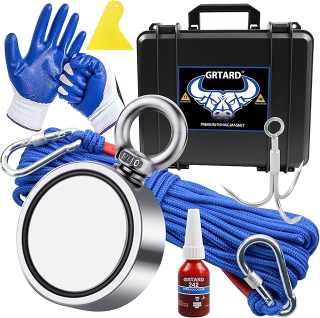 1000 LBS Fishing Magnet Kit, Double Sided Magnet Fishing Strong Neodymium Magnet - Includes Grappling Hook, 65FT Rope, Gloves, Locking Carabiner, Yellow Decontamination Scraper, Waterproof Case