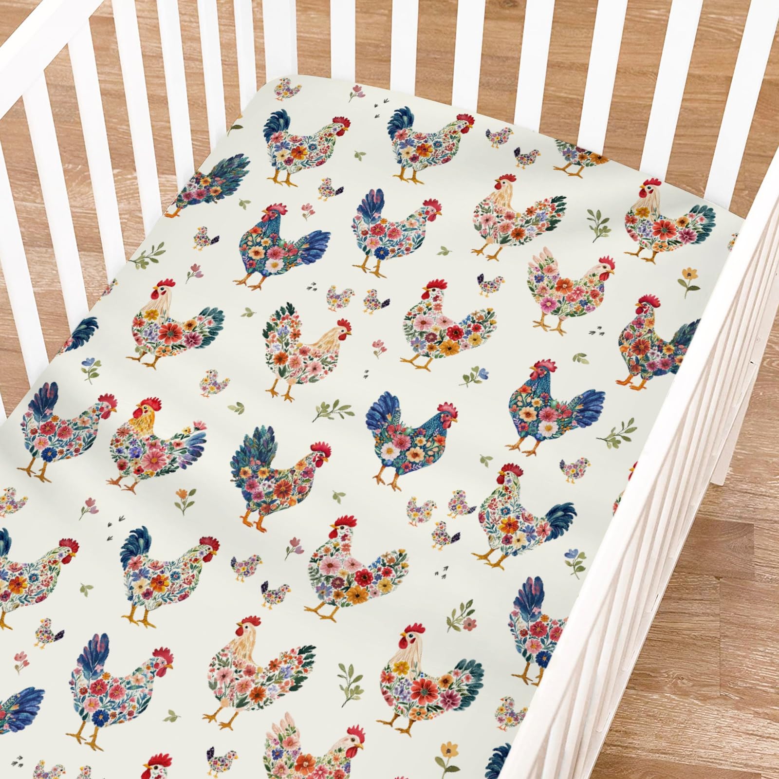 Funny Chicken Boho Floral Fitted Baby Crib Sheets Girl Boy 52"x28" Rooster Hen Flowers Soft Crib Mattress Cover Breathable Spring Farm Animal Baby Sheets for Standard Crib and Toddler Bed Mattress