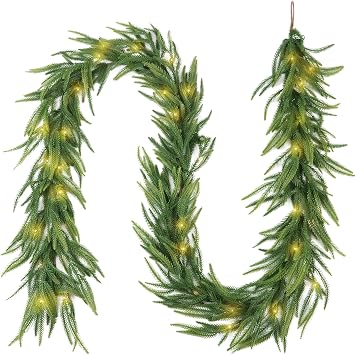 9FT Pre-Lit Artificial Christmas Garland with LED String Lights,Norfolk Pine Garland, Christmas Decorations Indoor Table Mantle Background Wall Room Winter Garland Outdoor Indoor Christmas Decor
