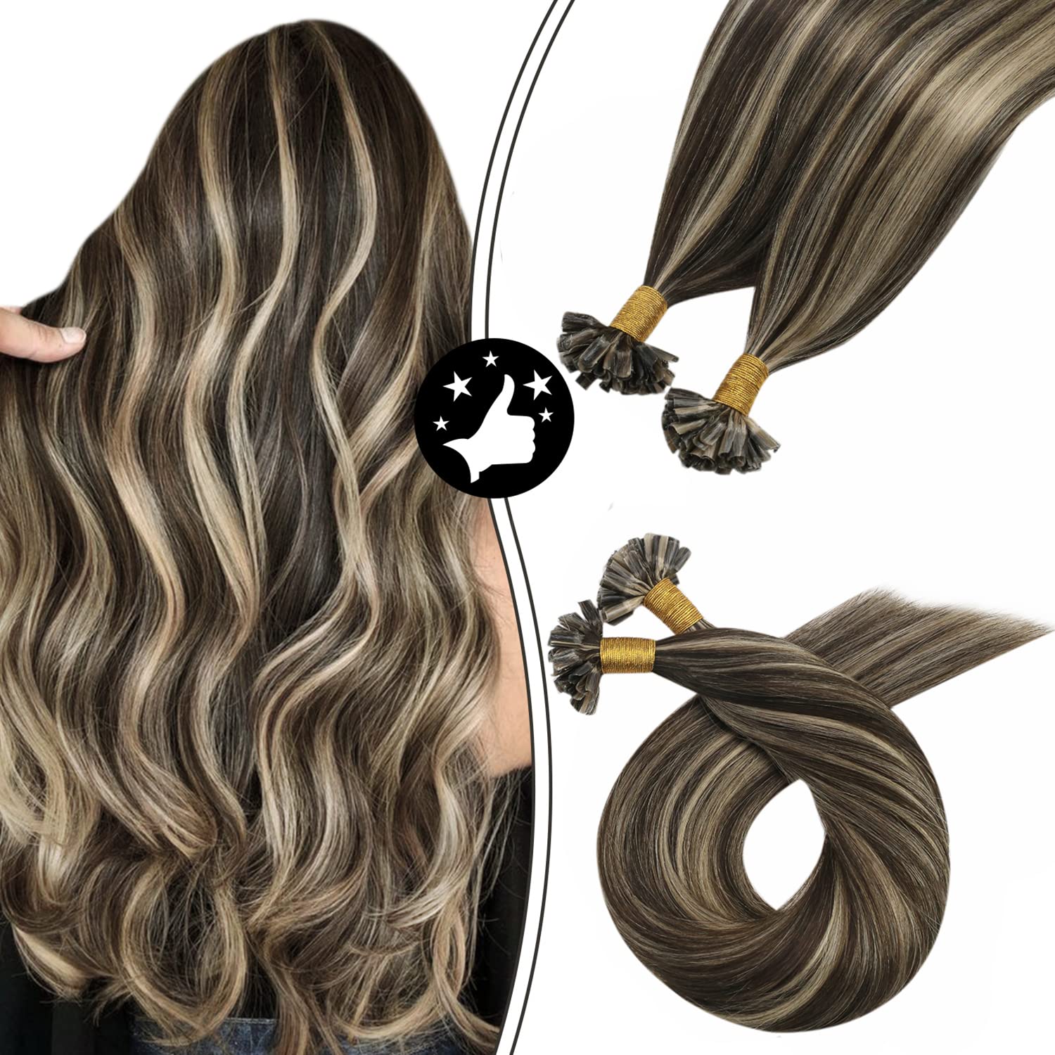 Moresoo 18 Inch U Tip Keratin Remy Hair Extensions Human Hair Color #4 Brown Highlighted with #27 Blonde Pre-bonded Fusion Human Hair Extensions 1g/1s 50G