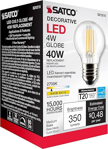 Miniatura 4 de Satco Bombilla LED E26 de 4 W, 2700 K, clasificación de 15000 horas, regulable