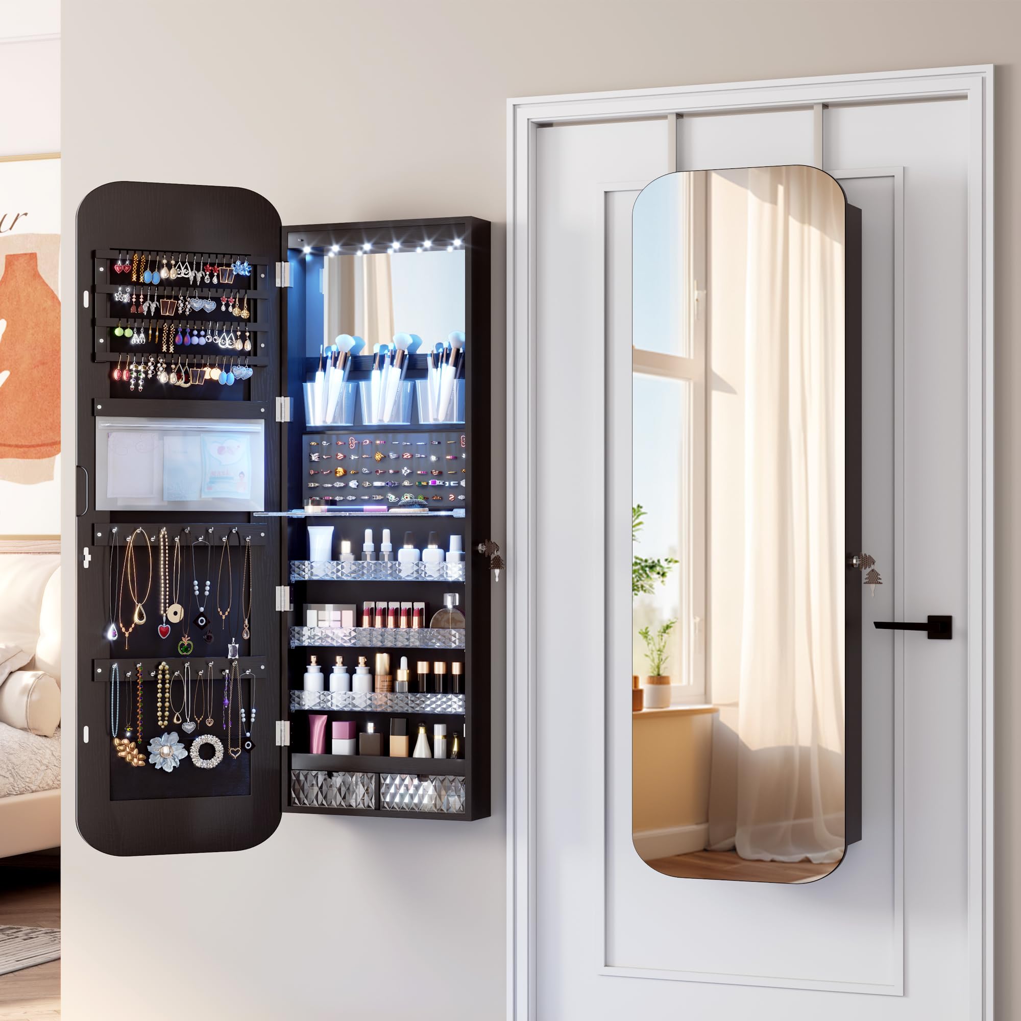 Vlsrka LED Ovaler Schmuckschrank Hängend, Türspiegel/Wandspiegel Schmuckschränk, Schmuckschrank mit Spiegel & Beleuchtung, Schmuckspielgelschrank Holz Abschließbarer, Gewölbter Spiegelschrank, Schwarz