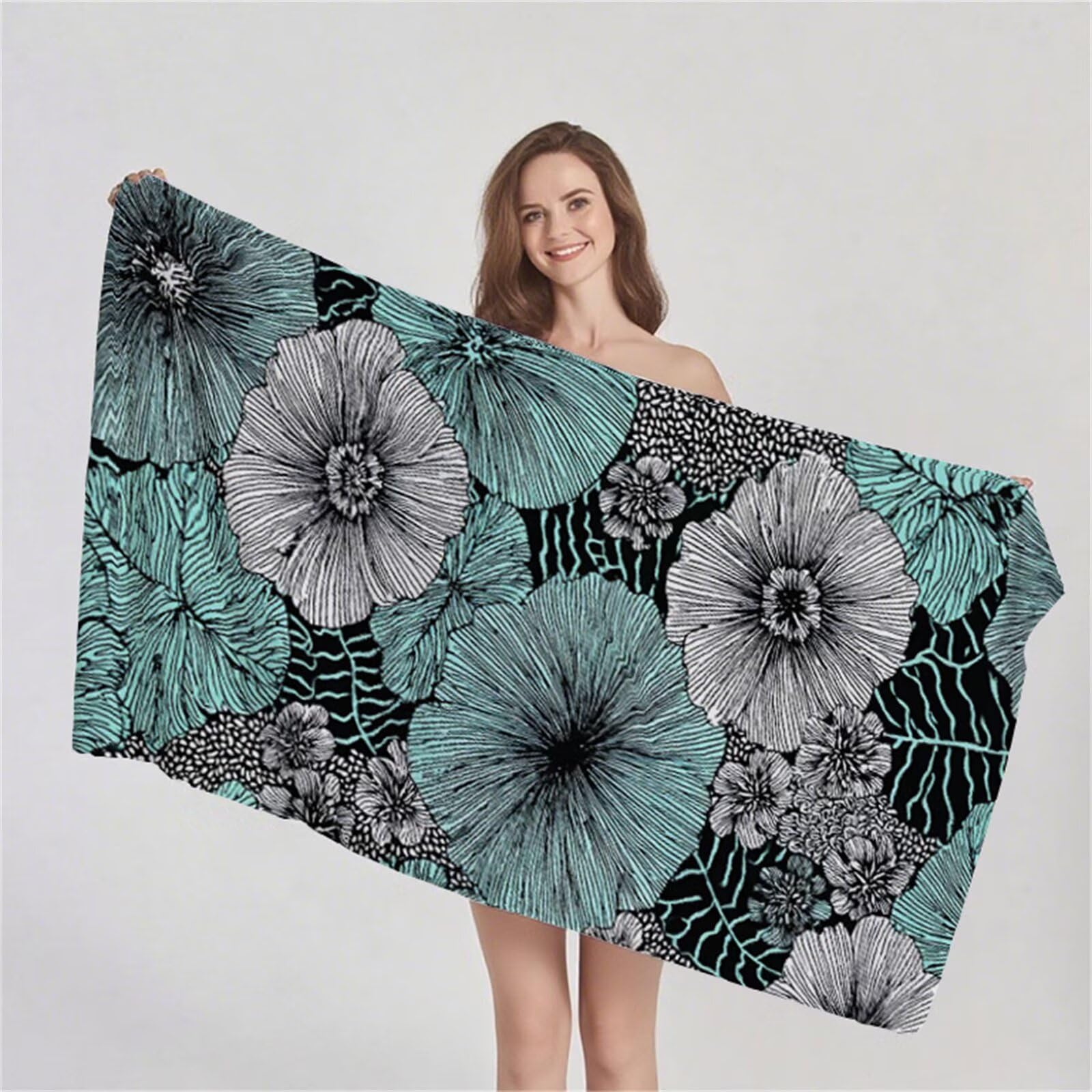 Toalla de Playa Microfibra 90x200 cm Toallas Baño Grandes, Toalla Playa Sin Arena, Absorbente Ligera Secado Rápido Toalla Gimnasio, con Bolsa para Yoga Viajes Gimnasio y Deportes( Planta Gris) G1-1092