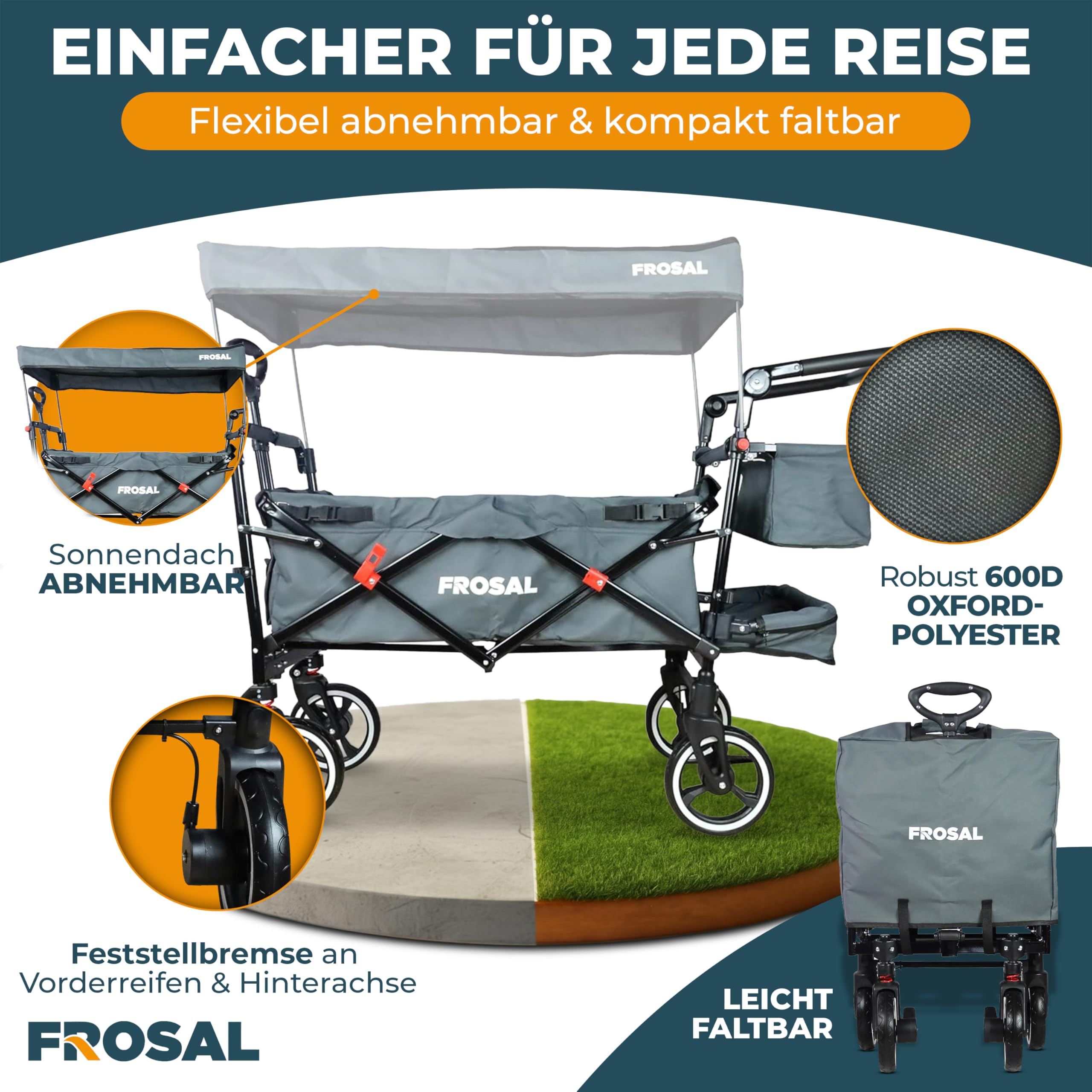 FROSAL Bollerwagen Paul faltbar mit Dach – Handwagen klappbar für Kinder, Strand, Camping & Garten – 80kg belastbar – gefederte Räder, Bremse, Schiebegriff & Zugstange – grau