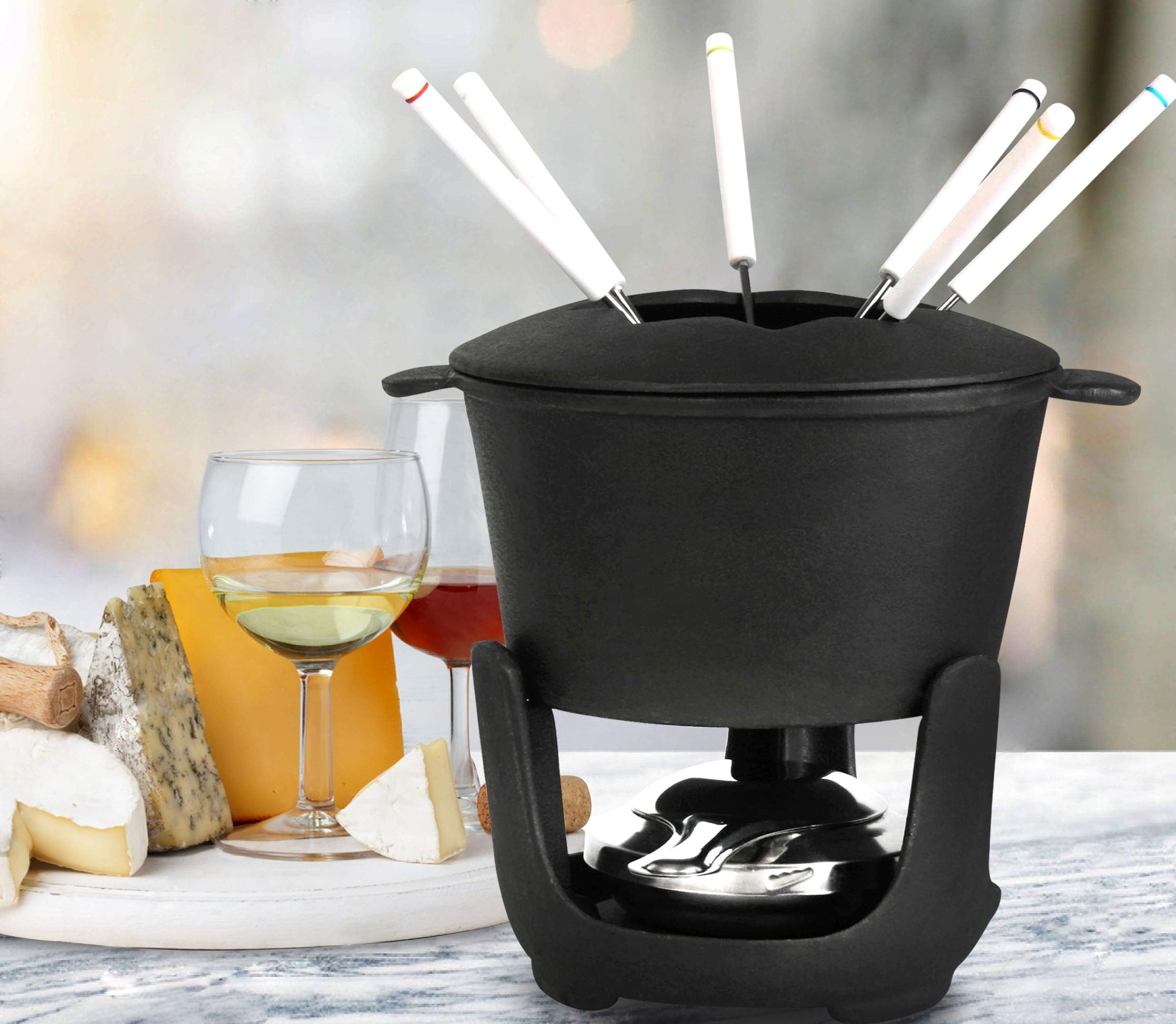 Artestia Fondue Pot,Cast Iron Fondue Set,Cheese Fondue Sets 10-Piece, Black