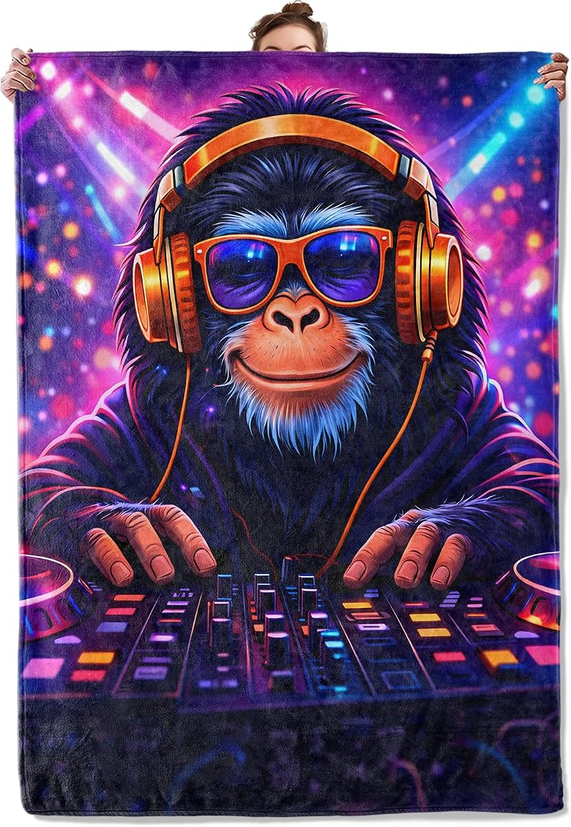 Neon Gorilla Blanket Vibrant Music Monkey Flannel Throw Blankets 50x60 Inch, Headphone Sunglasses Art, Soft Cozy Gifts for Men Women Gamers, Sofa Bed Couch Chair Dorm Nook Decor